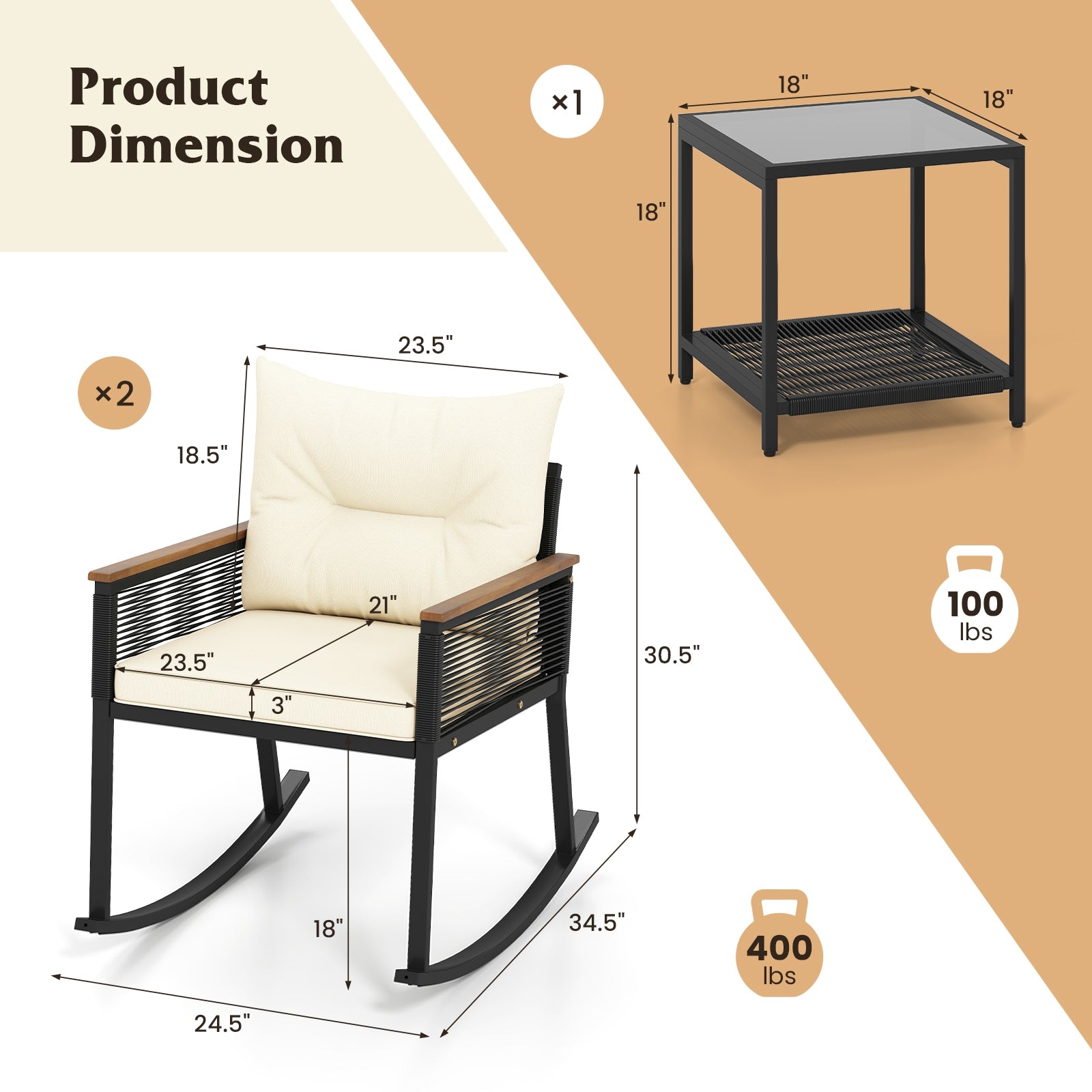 3 Piece Outdoor PE Rattan Rocking Bistro Set with 2-Tier Coffee Table, Black Patio Furniture Sets at Gallery Canada