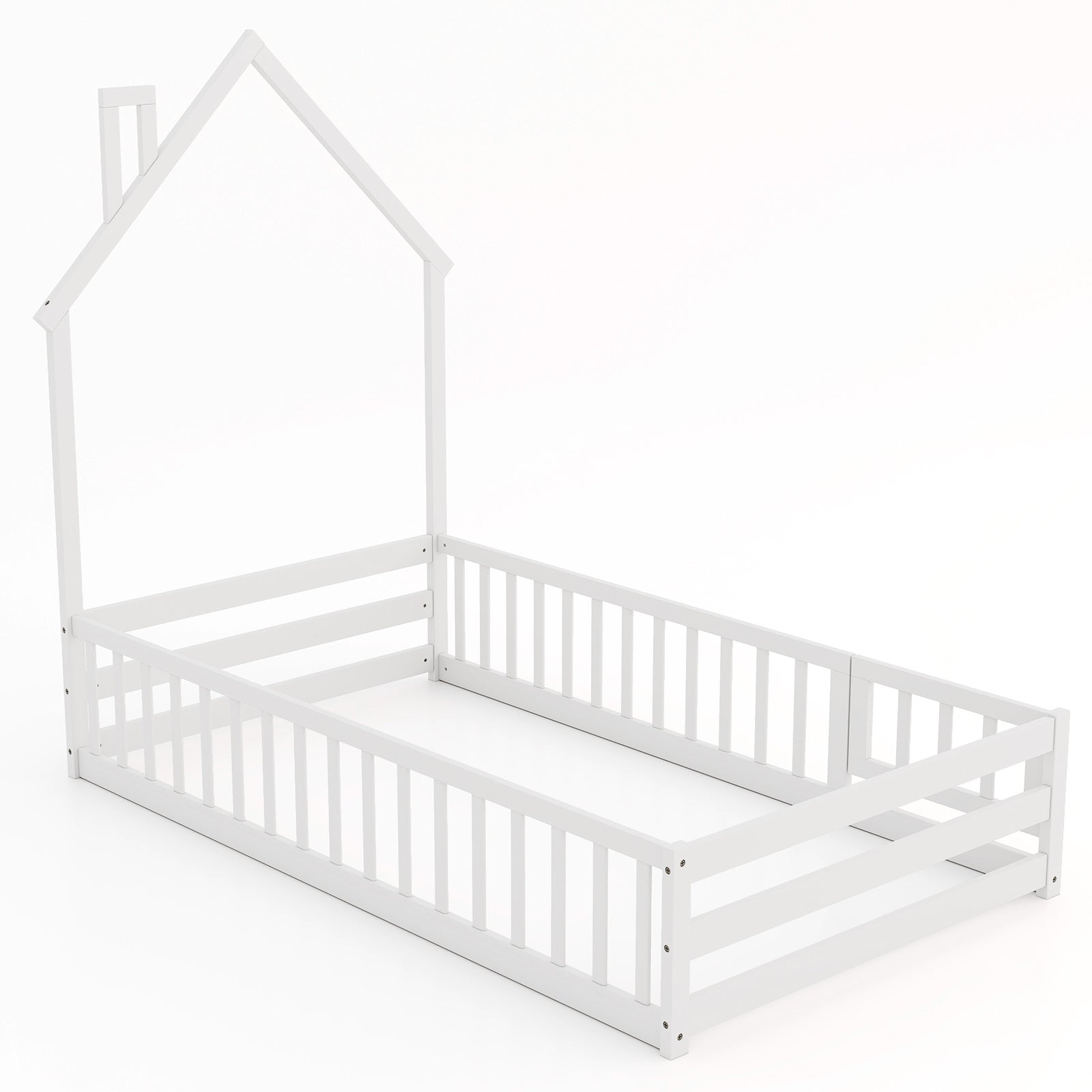 Twin Size Montessori Floor Bed, Lockable Door, Full Guardrail, White Toddler Beds White at Gallery Canada
