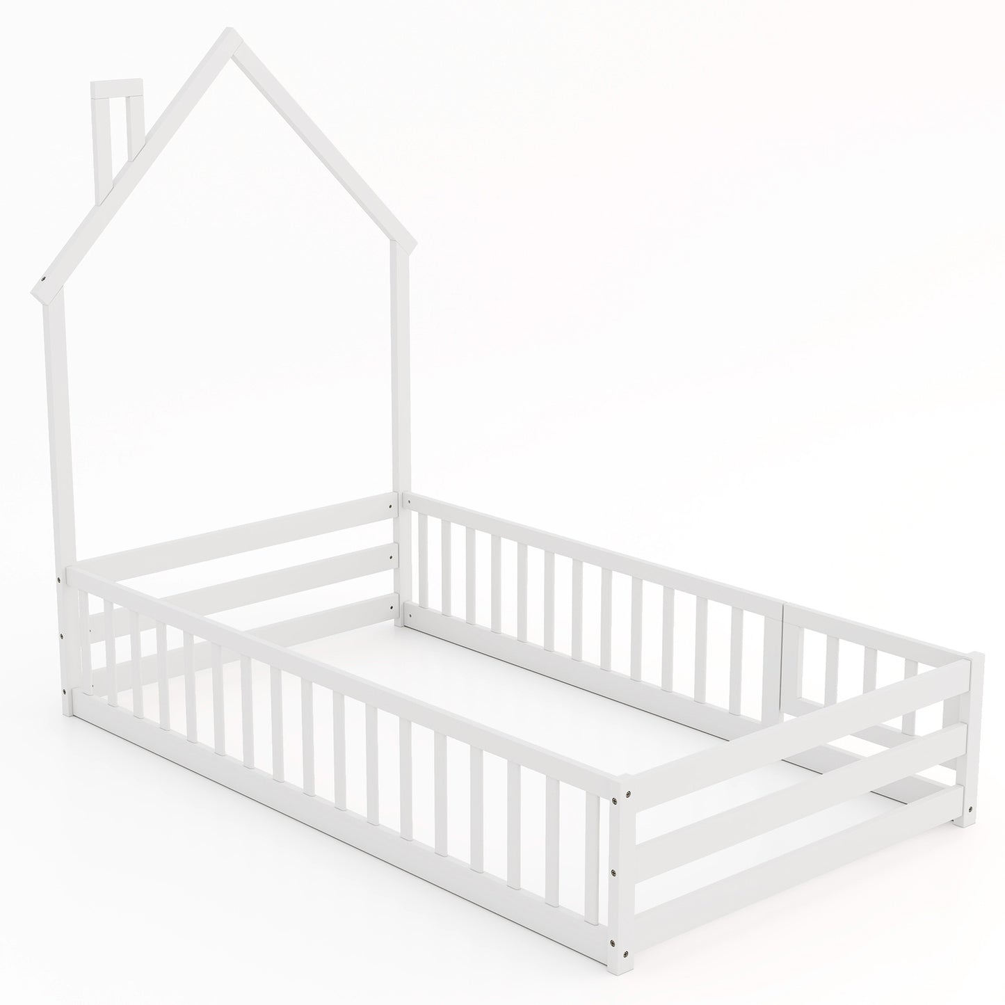 Twin Size Montessori Floor Bed, Lockable Door, Full Guardrail, White Toddler Beds White at Gallery Canada