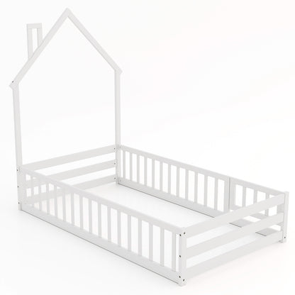 Twin Size Montessori Floor Bed, Lockable Door, Full Guardrail, White Toddler Beds White at Gallery Canada