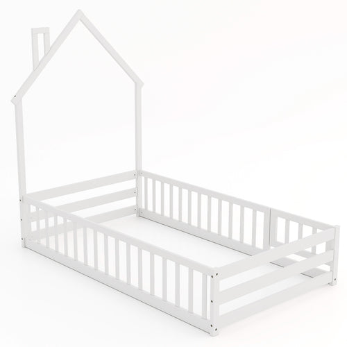 Twin Size Montessori Floor Bed with Lockable Door and Full-Length Guardrail, White