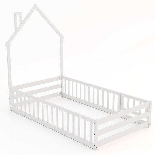 Twin Size Montessori Floor Bed, Lockable Door, Full Guardrail, White