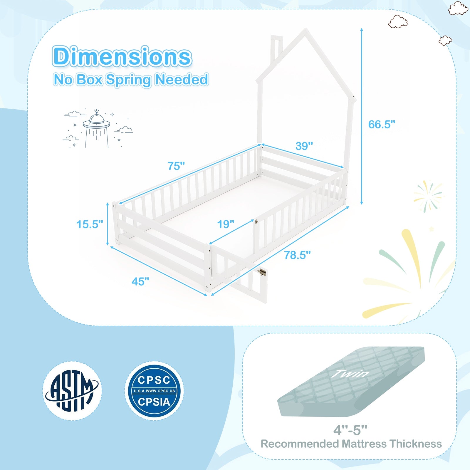 Twin Size Montessori Floor Bed with Lockable Door and Full-Length Guardrail, White Toddler Beds at Gallery Canada