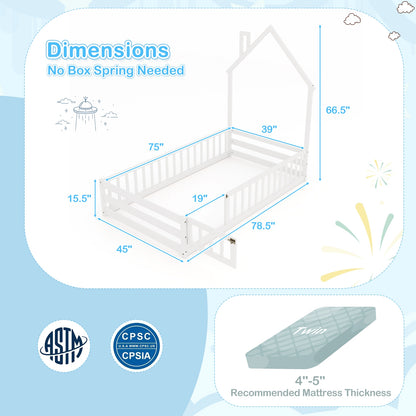 Twin Size Montessori Floor Bed with Lockable Door and Full-Length Guardrail, White Toddler Beds at Gallery Canada