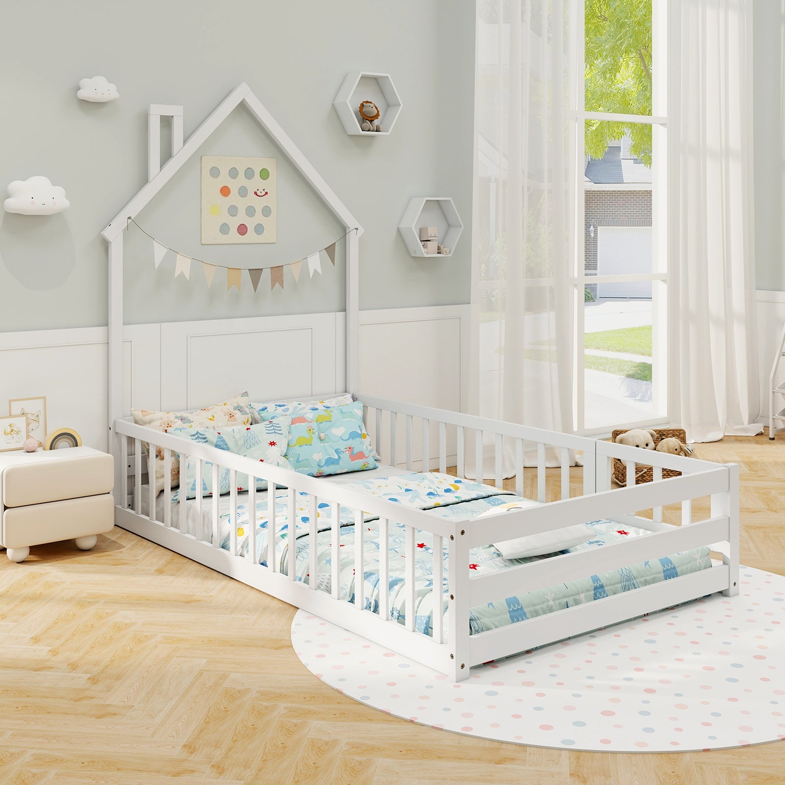 Twin Size Montessori Floor Bed with Lockable Door and Full-Length Guardrail, White Toddler Beds at Gallery Canada