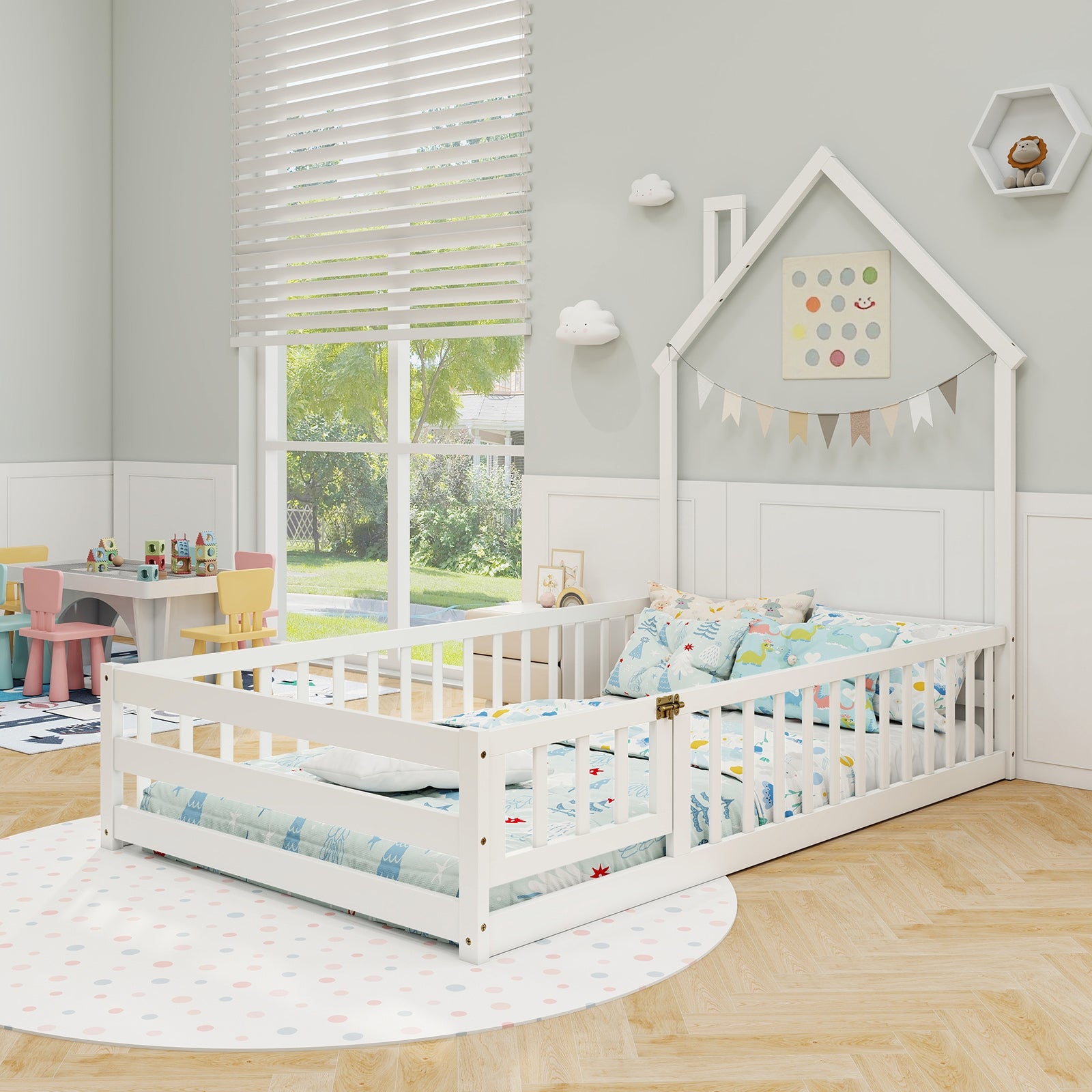 Twin Size Montessori Floor Bed with Lockable Door and Full-Length Guardrail, White Toddler Beds at Gallery Canada