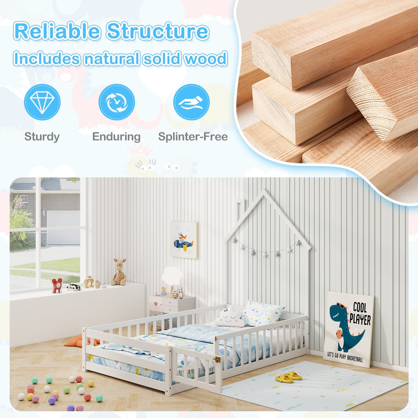 Twin Size Montessori Floor Bed with Lockable Door and Full-Length Guardrail, White Toddler Beds at Gallery Canada