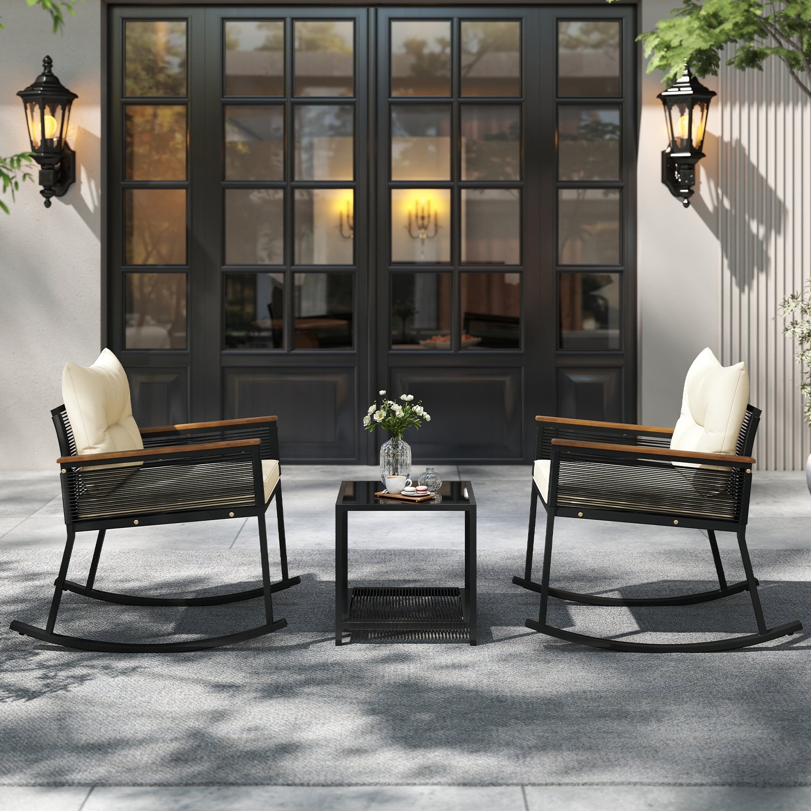3 Piece Outdoor PE Rattan Rocking Bistro Set with 2-Tier Coffee Table, Black Patio Furniture Sets at Gallery Canada