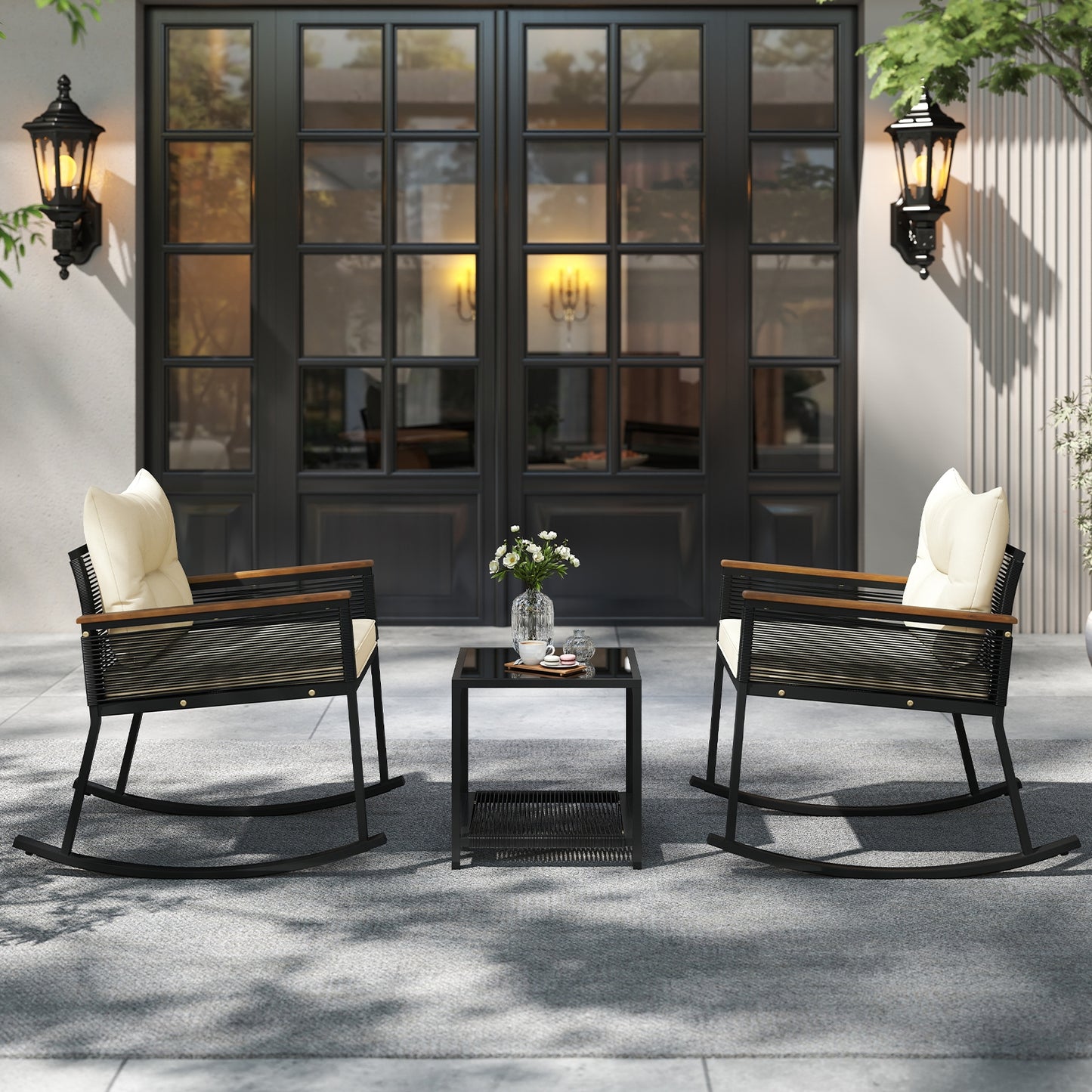 3 Piece Outdoor PE Rattan Rocking Bistro Set with 2-Tier Coffee Table, Black Patio Furniture Sets at Gallery Canada