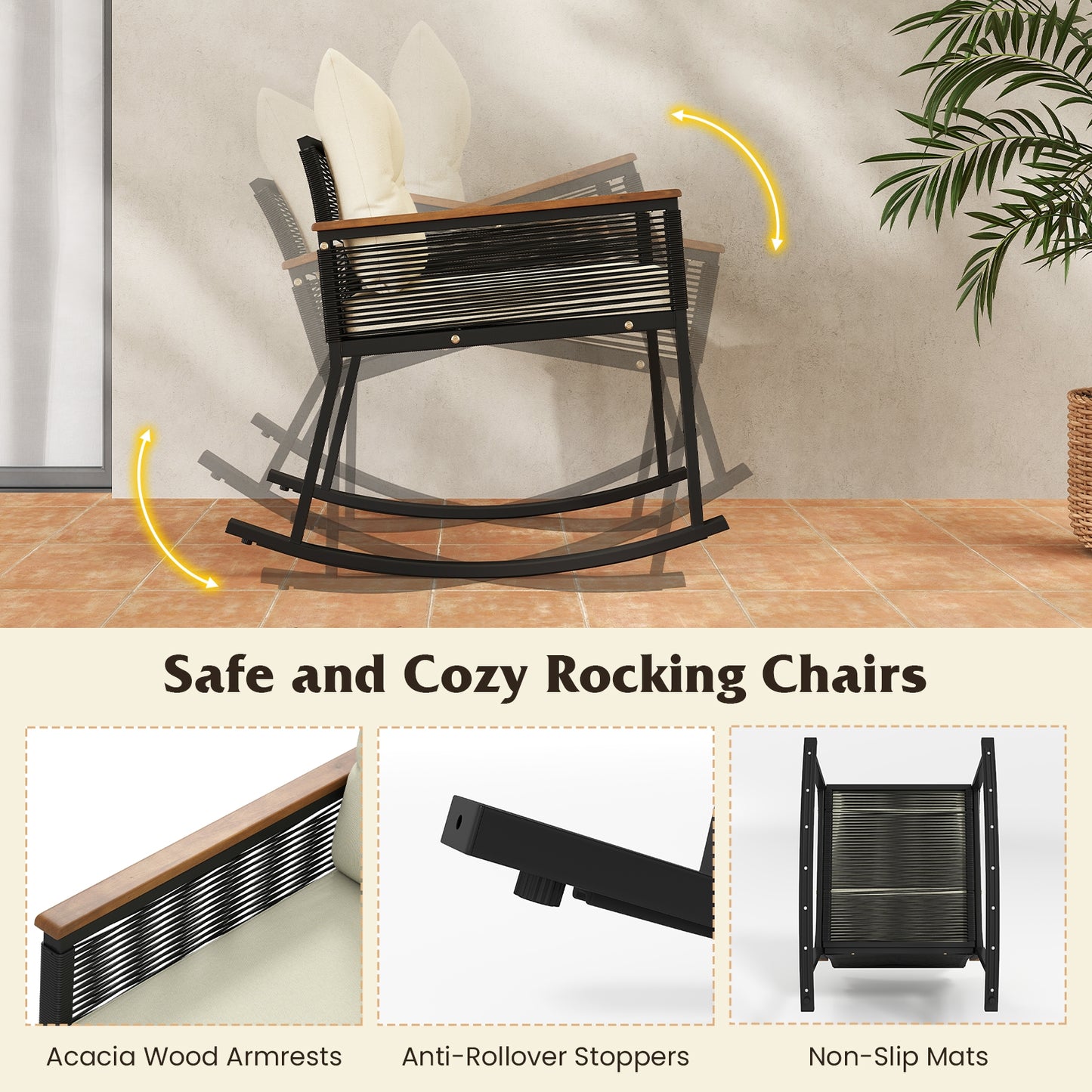 3 Piece Outdoor PE Rattan Rocking Bistro Set with 2-Tier Coffee Table, Black Patio Furniture Sets at Gallery Canada