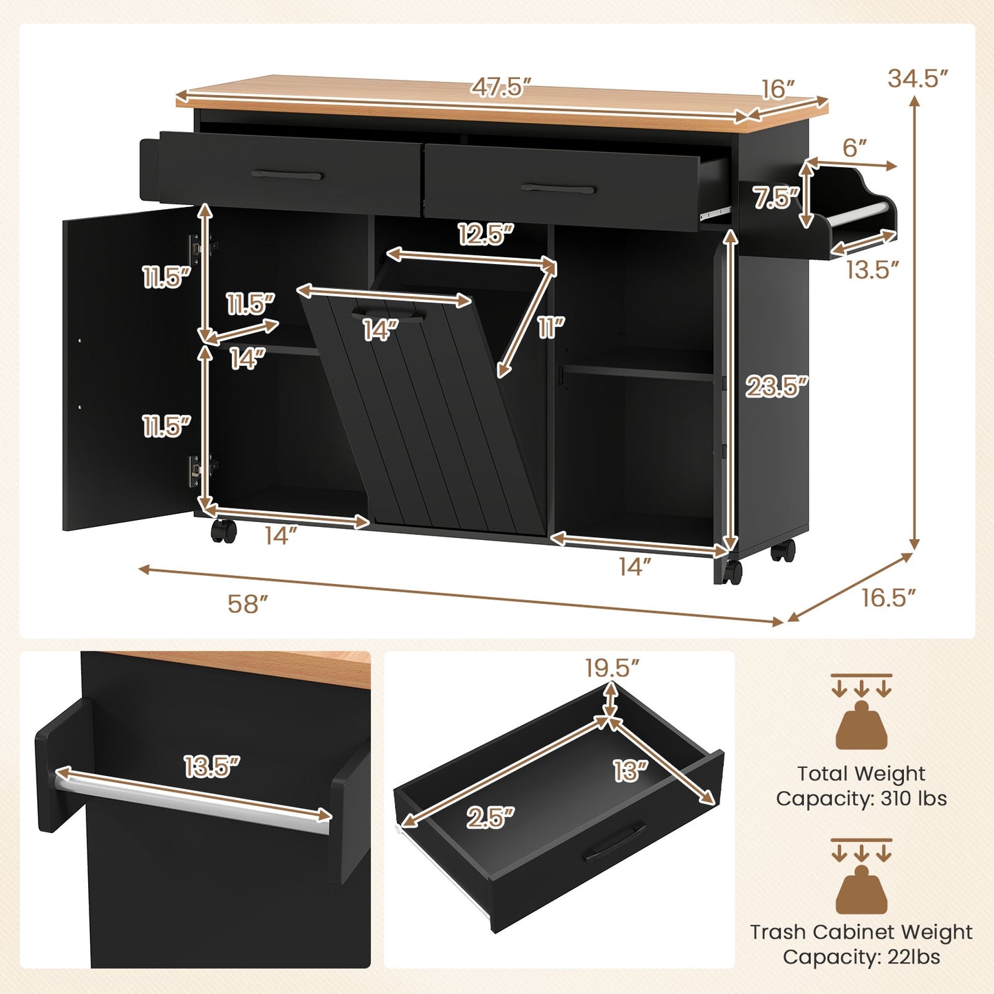 Mobile Kitchen Island Table with Trash Bag Storage for Dining Room, Black Kitchen Islands & Carts at Gallery Canada
