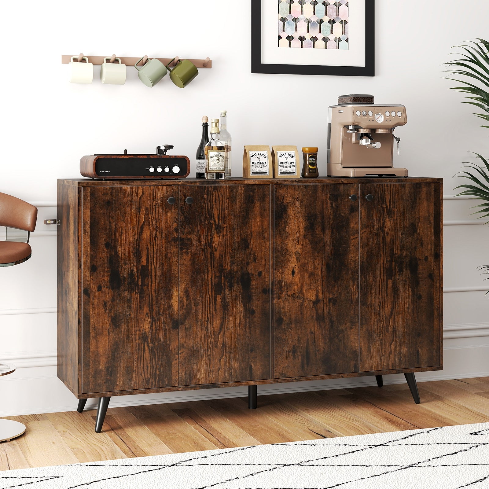 Buffet Sideboard Mid Century Modern Storage Cabinet with Adjustable Shelves, Rustic Brown Sideboards Cabinets & Buffets at Gallery Canada