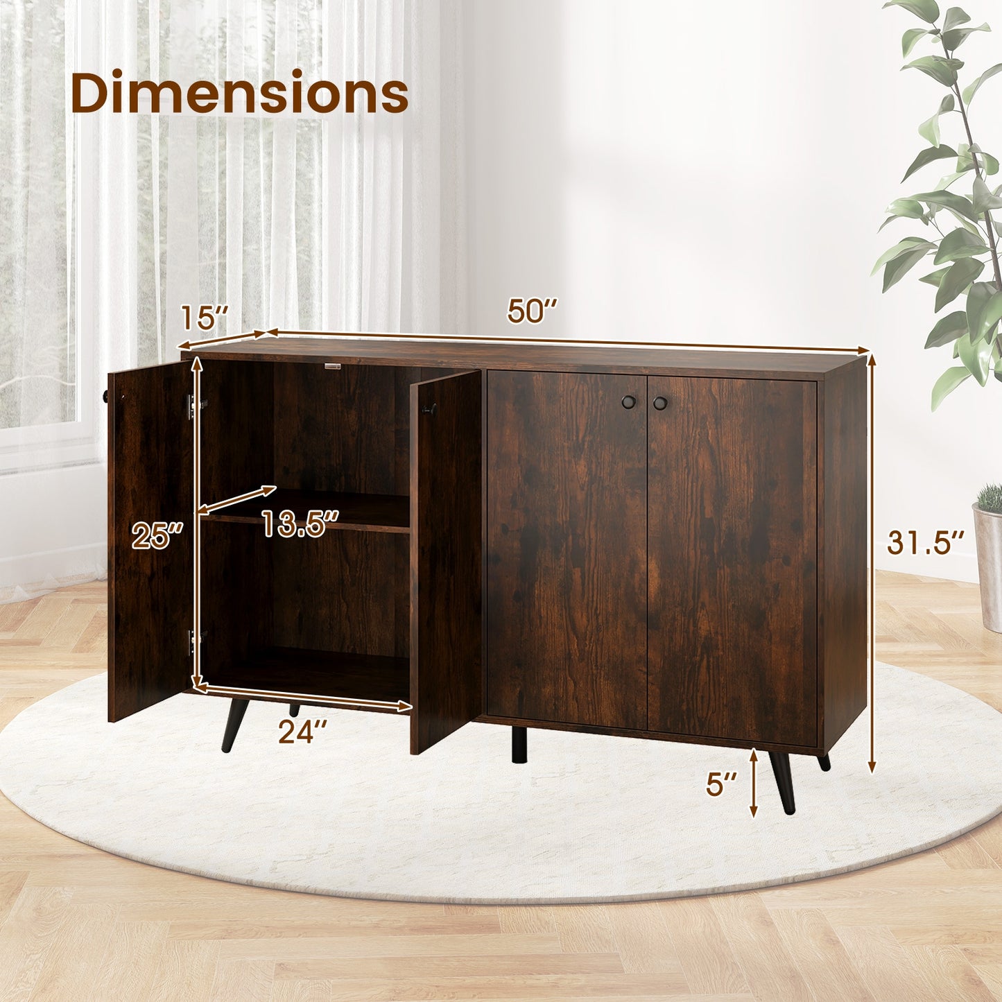 Buffet Sideboard Mid Century Modern Storage Cabinet with Adjustable Shelves, Rustic Brown Sideboards Cabinets & Buffets at Gallery Canada