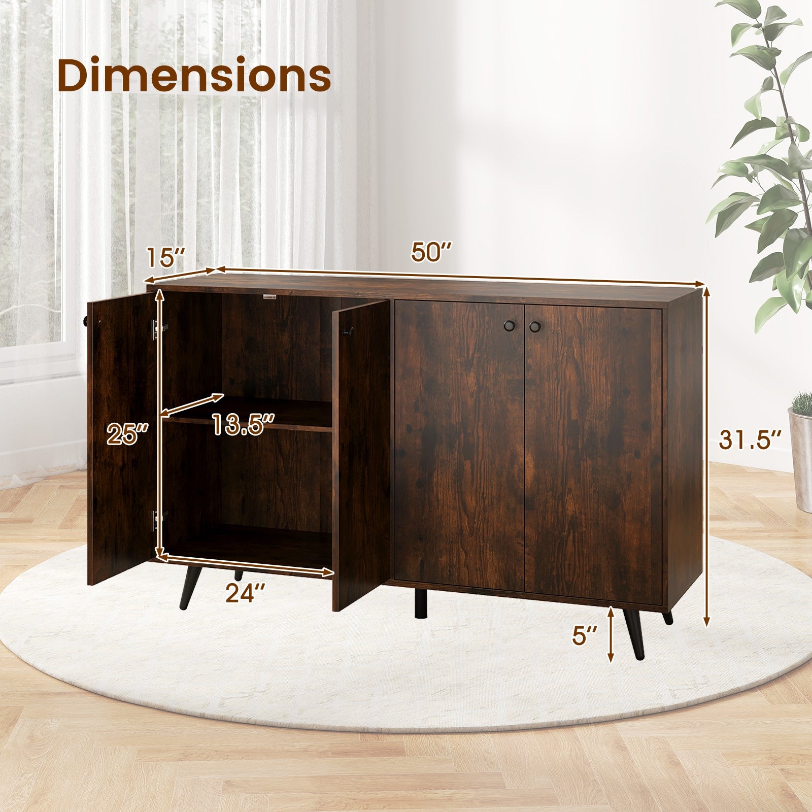 Buffet Sideboard Mid Century Modern Storage Cabinet with Adjustable Shelves, Rustic Brown Sideboards Cabinets & Buffets at Gallery Canada