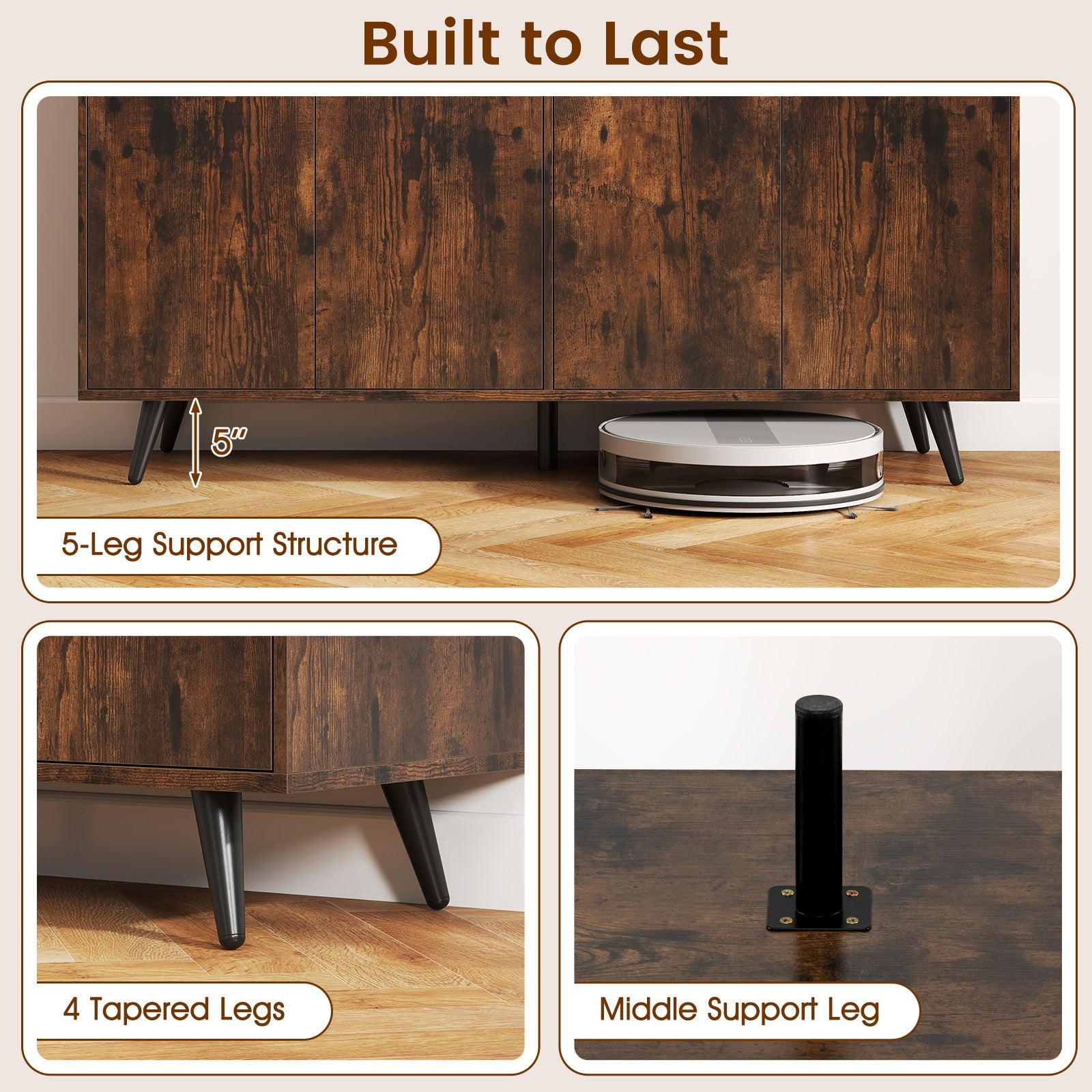 Buffet Sideboard Mid Century Modern Storage Cabinet with Adjustable Shelves, Rustic Brown Sideboards Cabinets & Buffets at Gallery Canada