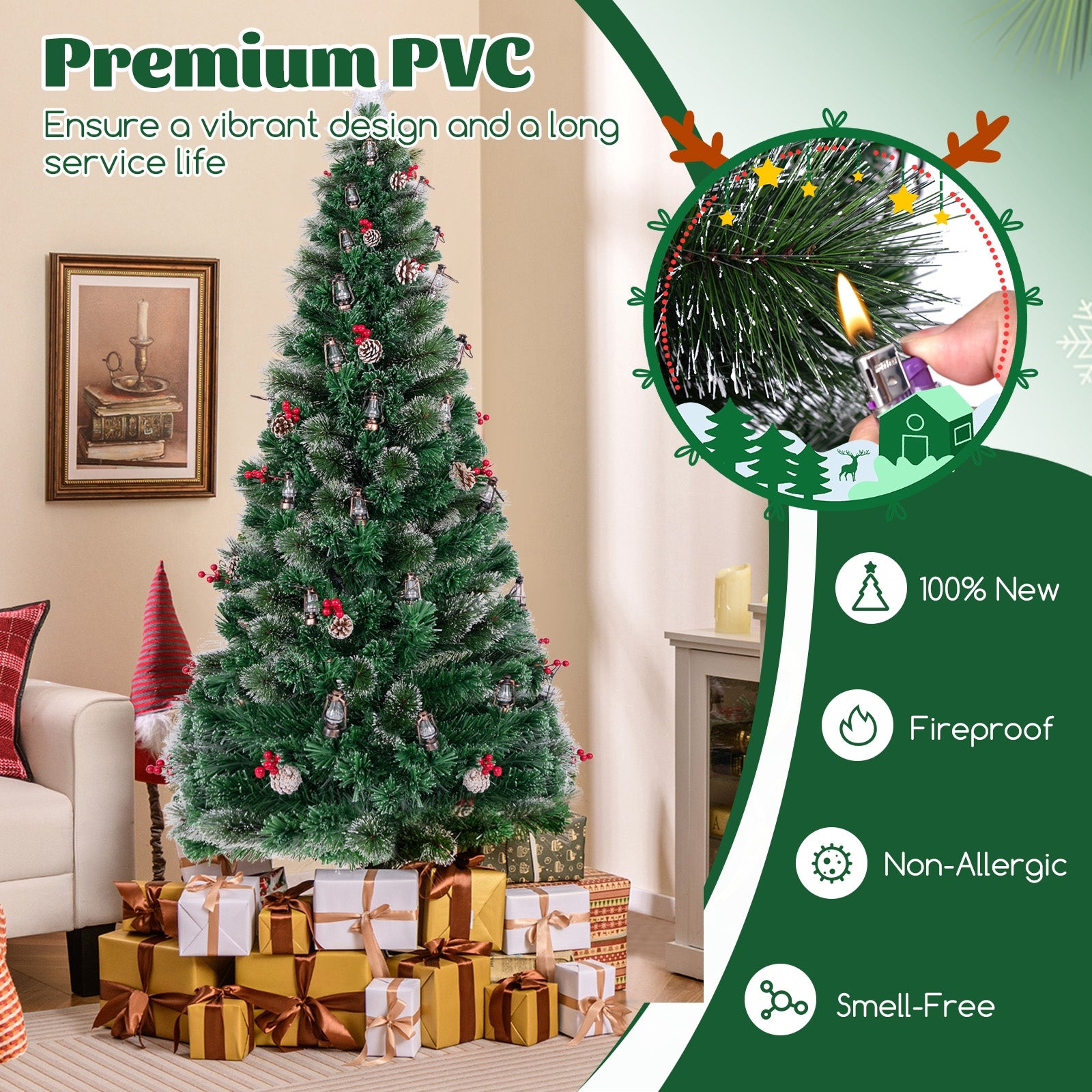 5/6/7 Feet Artificial Christmas Tree with Red Berries and Kerosene Lamps-7 ft, Green Christmas Tree at Gallery Canada