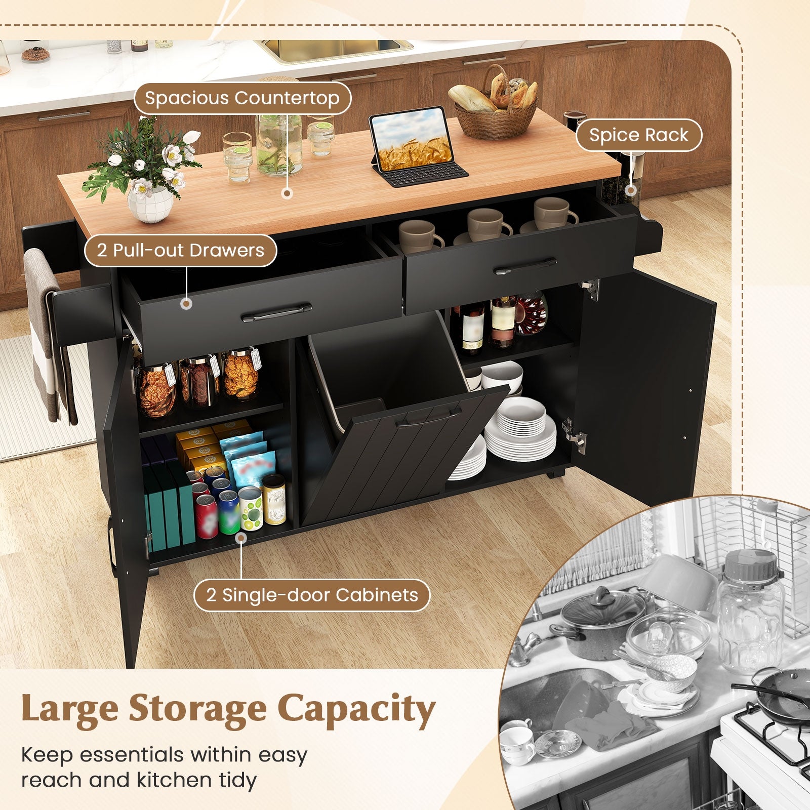 Mobile Kitchen Island Table with Trash Bag Storage for Dining Room, Black Kitchen Islands & Carts at Gallery Canada
