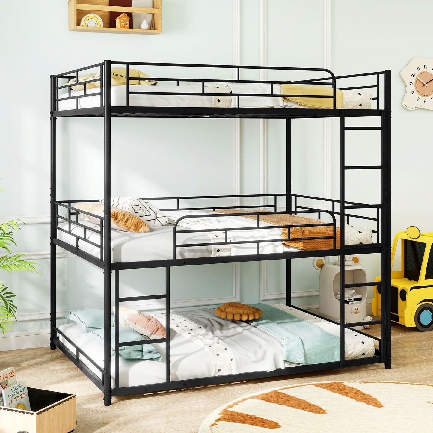 Metal Triple Bunk Bed With Safety Guardrails, 2 Ladders, Black Bunk Bed Frame at Gallery Canada