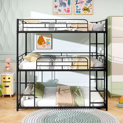 Metal Triple Bunk Bed With Safety Guardrails, 2 Ladders, Black Bunk Bed Frame at Gallery Canada