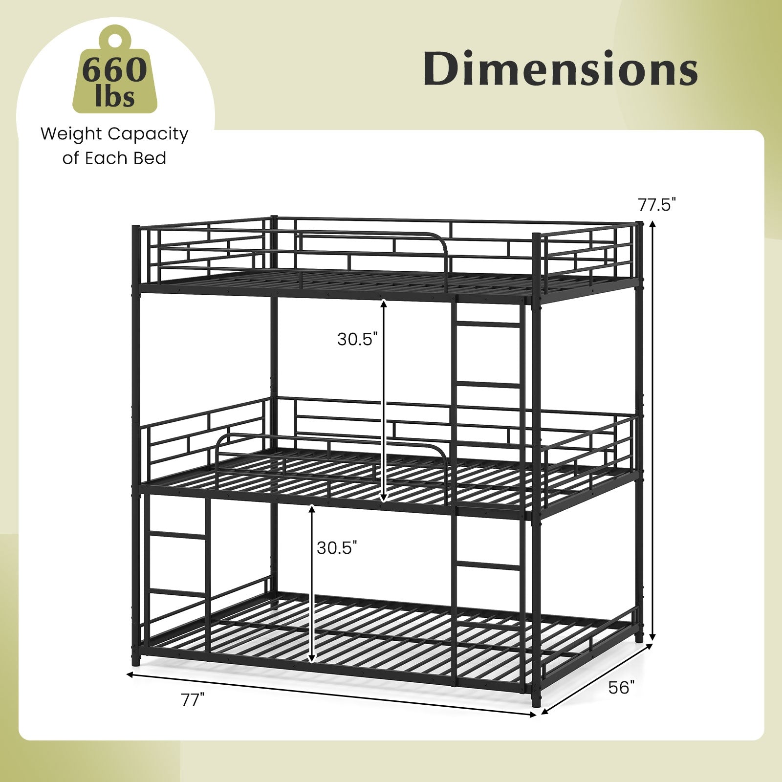Metal Triple Bunk Bed With Safety Guardrails, 2 Ladders, Black Bunk Bed Frame at Gallery Canada