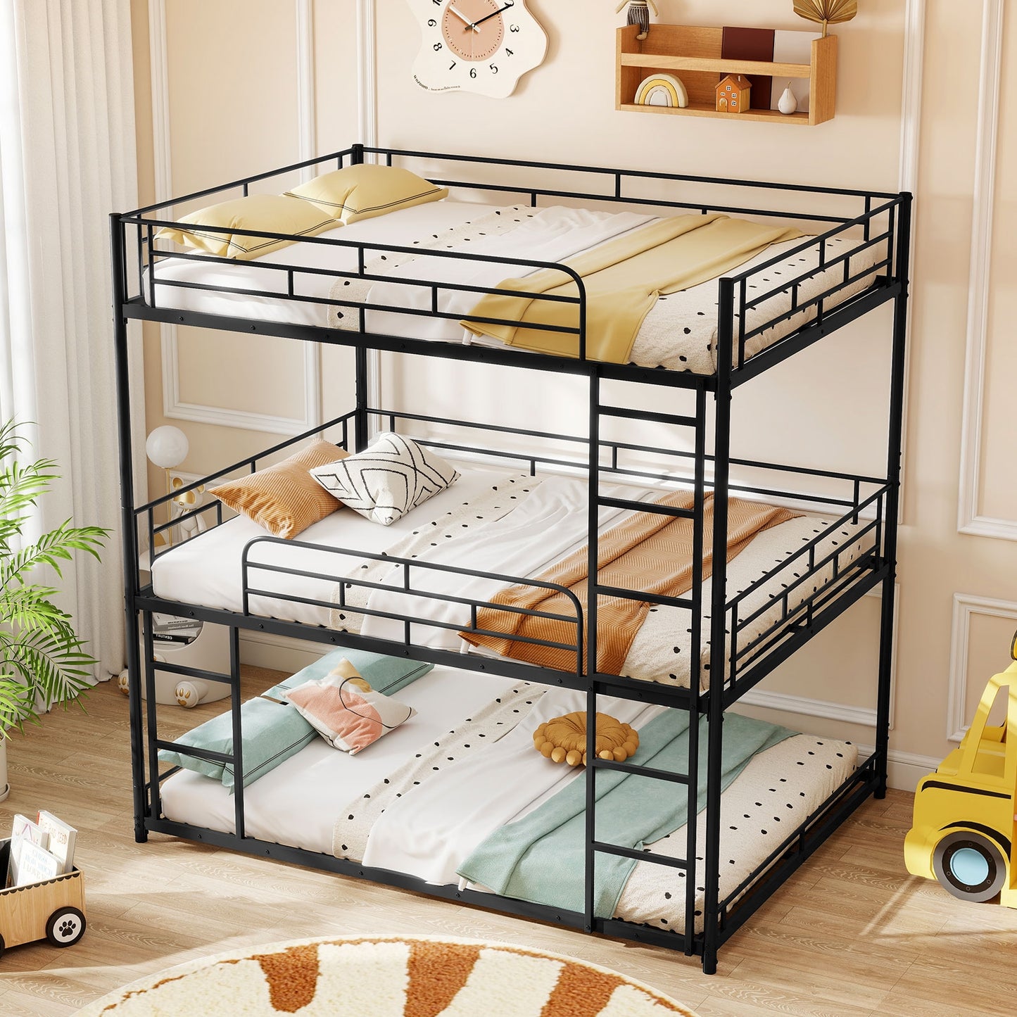 Metal Triple Bunk Bed With Safety Guardrails, 2 Ladders, Black Bunk Bed Frame at Gallery Canada