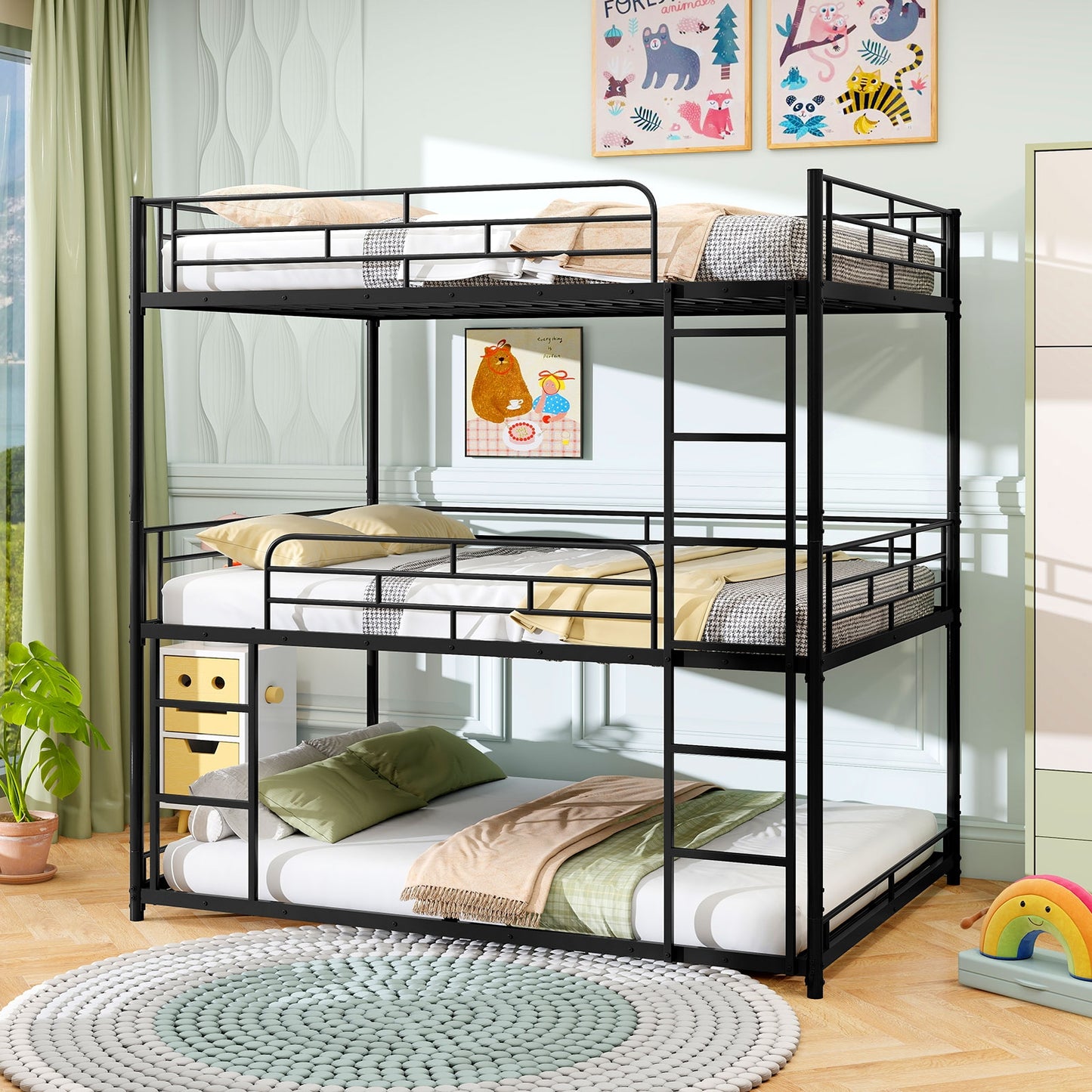 Metal Triple Bunk Bed With Safety Guardrails, 2 Ladders, Black Bunk Bed Frame at Gallery Canada