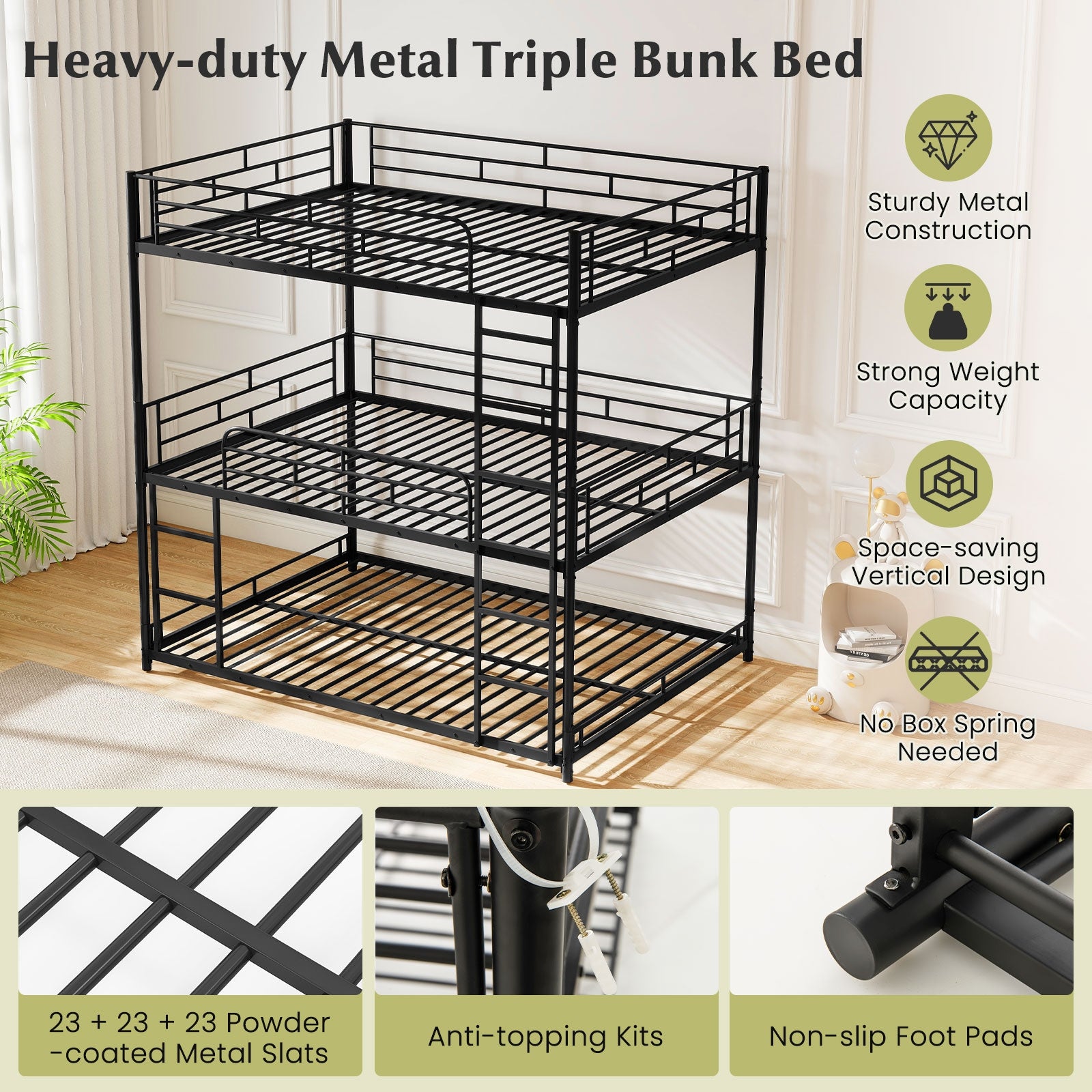 Metal Triple Bunk Bed With Safety Guardrails, 2 Ladders, Black Bunk Bed Frame at Gallery Canada