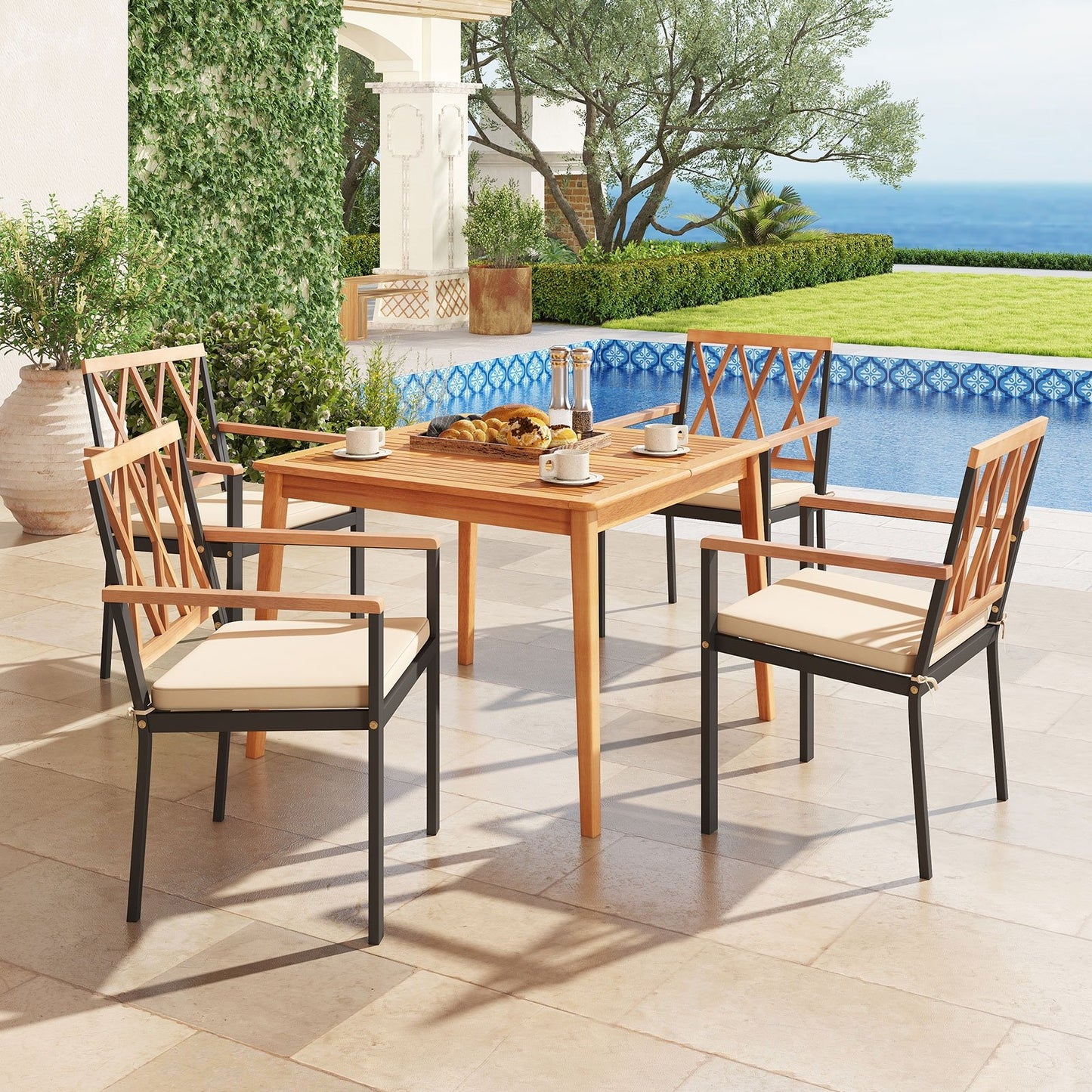 5 Piece Patio Acacia Wood Dining Set Solid Wooden Dining Furniture with Umbrella Hole, Natural Patio Dining Sets at Gallery Canada