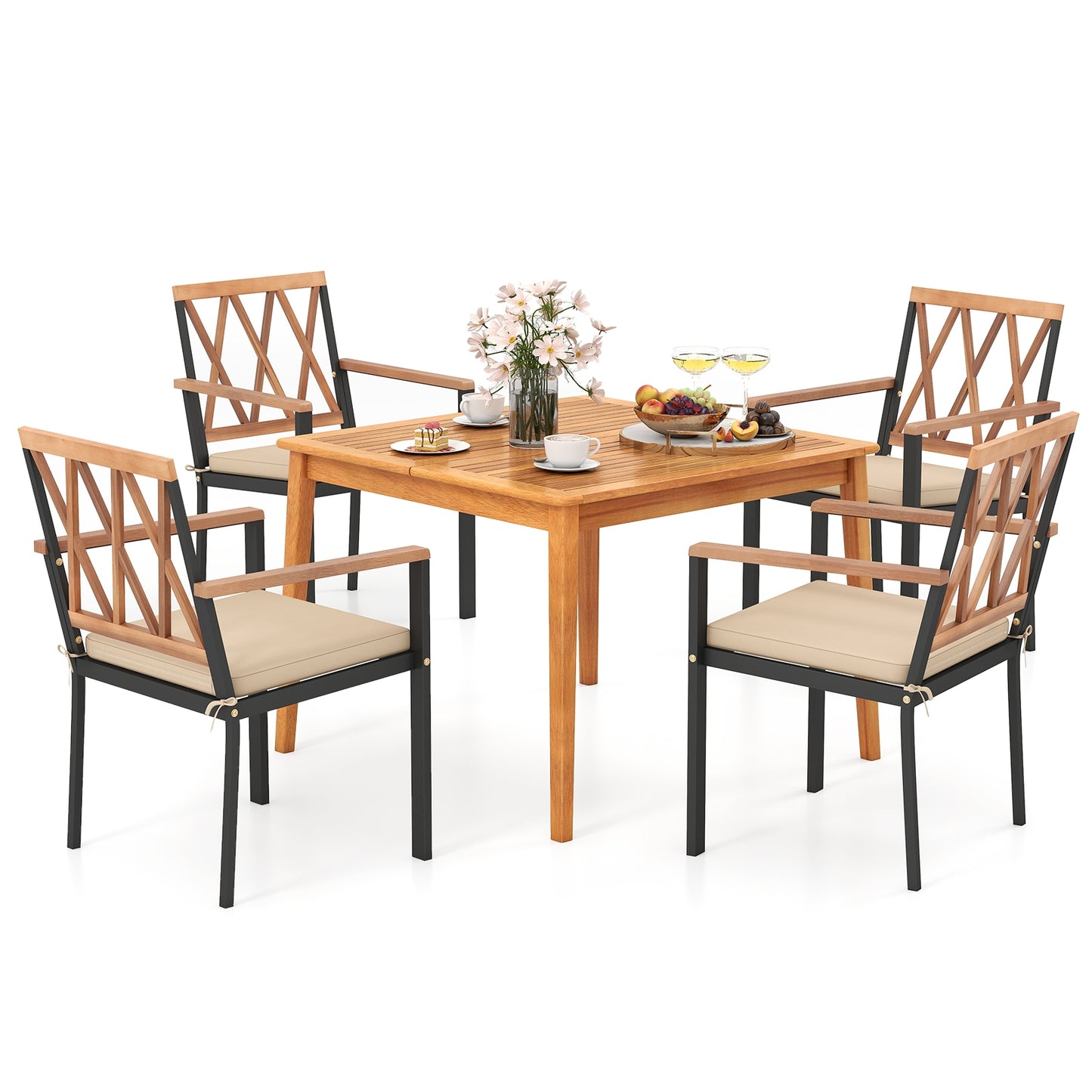 5 Piece Patio Acacia Wood Dining Set Solid Wooden Dining Furniture with Umbrella Hole, Natural Patio Dining Sets at Gallery Canada