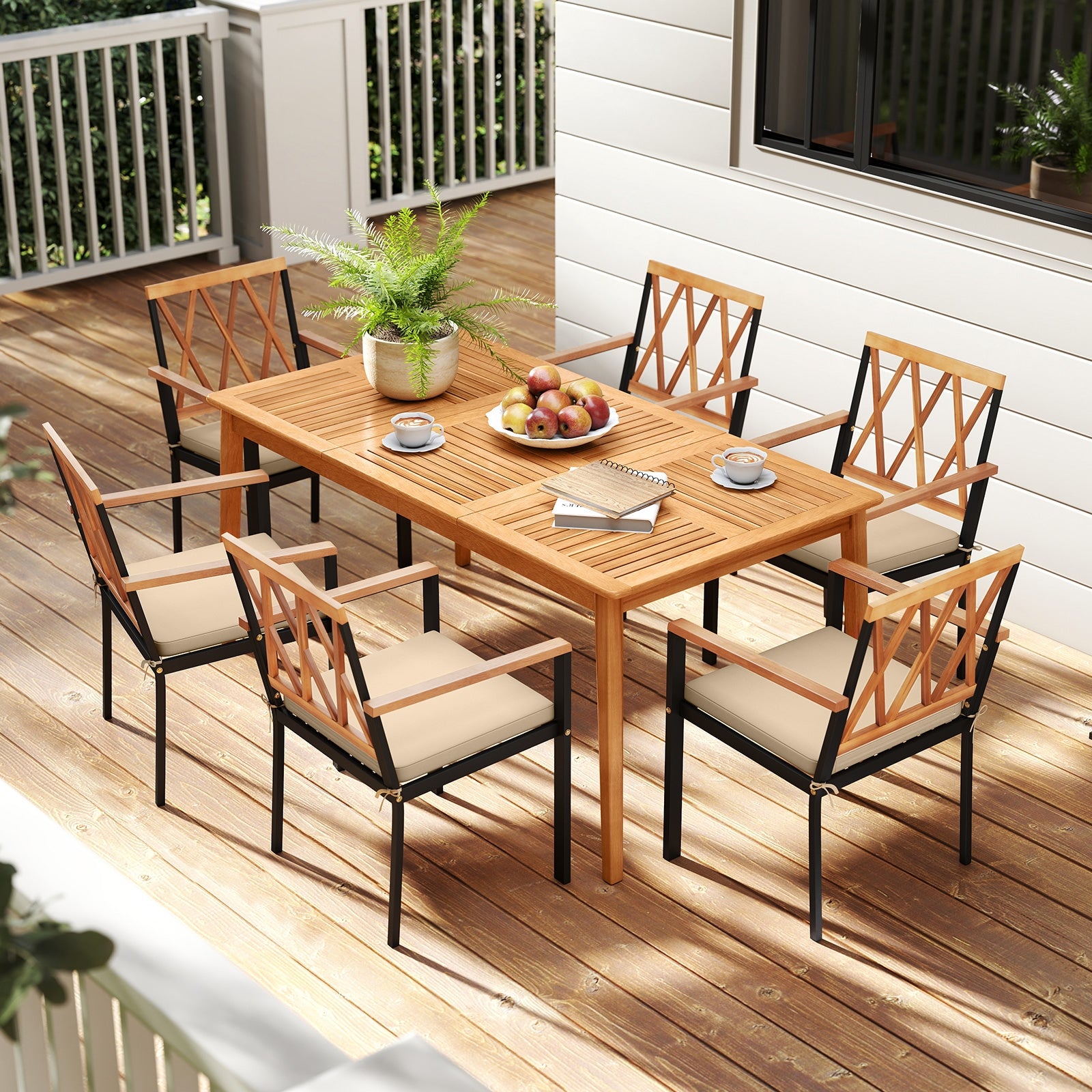 7 Piece Patio Acacia Wood Dining Set Solid Wooden Dining Furniture with Umbrella Hole, Natural Patio Dining Sets at Gallery Canada