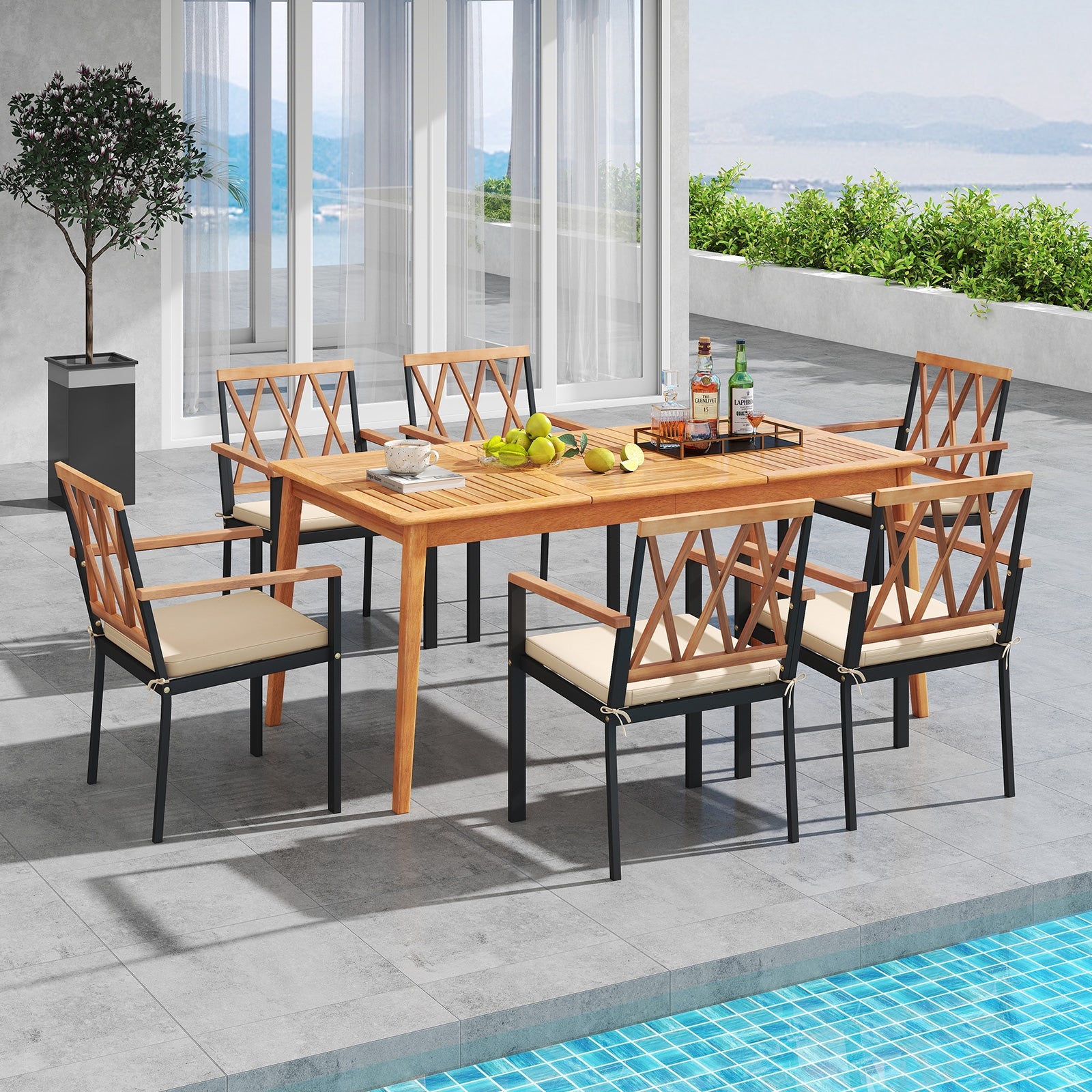 7 Piece Patio Acacia Wood Dining Set Solid Wooden Dining Furniture with Umbrella Hole, Natural Patio Dining Sets at Gallery Canada