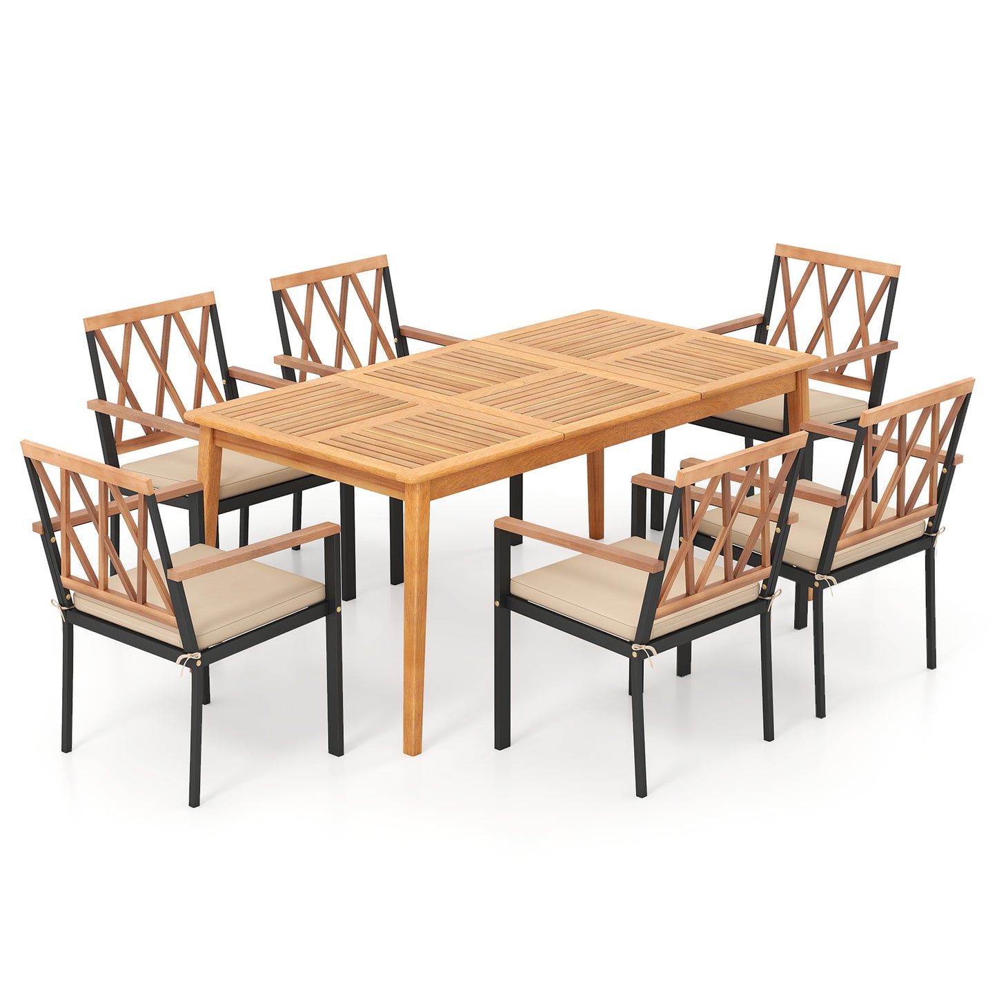 7 Piece Patio Acacia Wood Dining Set Solid Wooden Dining Furniture with Umbrella Hole, Natural Patio Dining Sets at Gallery Canada