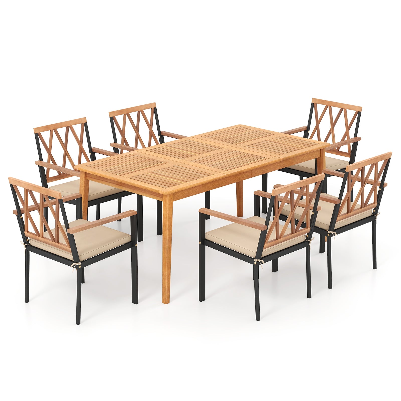 7 Piece Patio Acacia Wood Dining Set Solid Wooden Dining Furniture with Umbrella Hole, Natural Patio Dining Sets at Gallery Canada