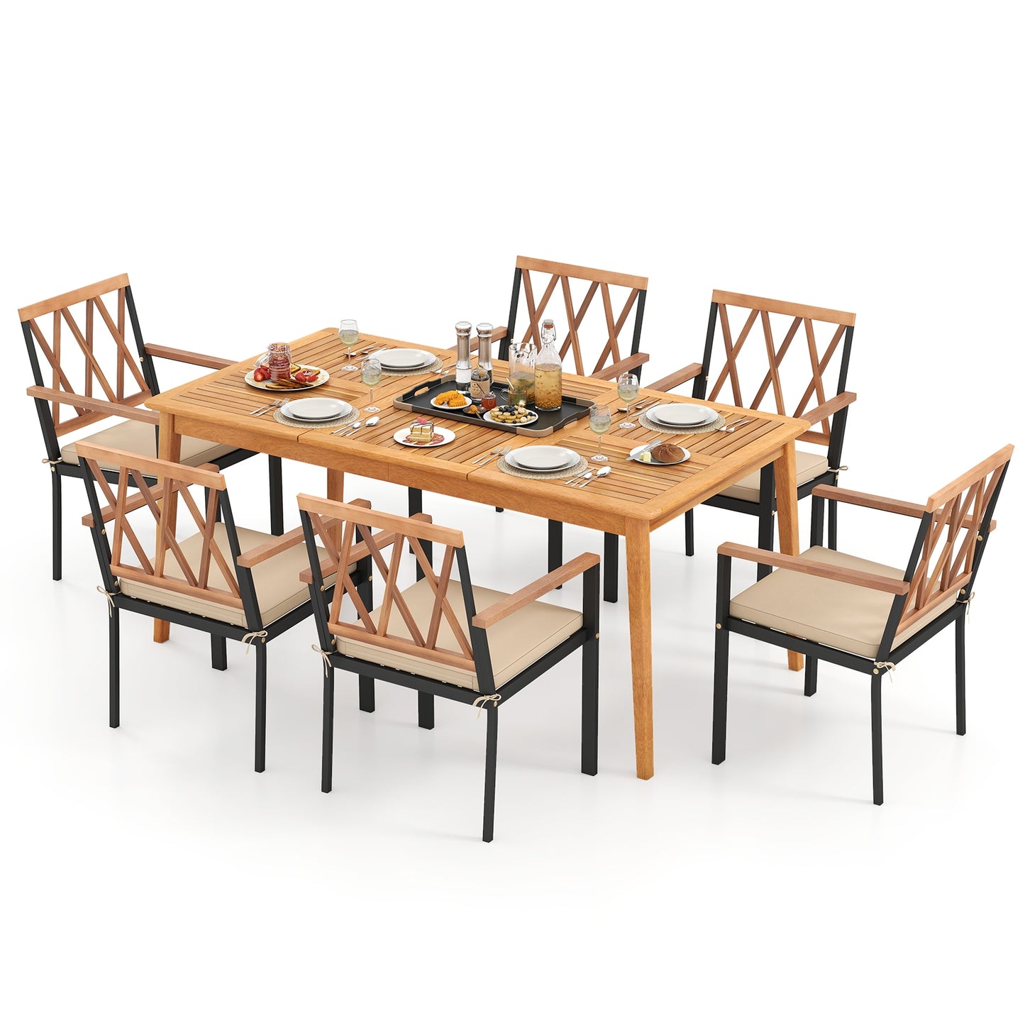 7 Piece Patio Acacia Wood Dining Set Solid Wooden Dining Furniture with Umbrella Hole, Natural Patio Dining Sets at Gallery Canada
