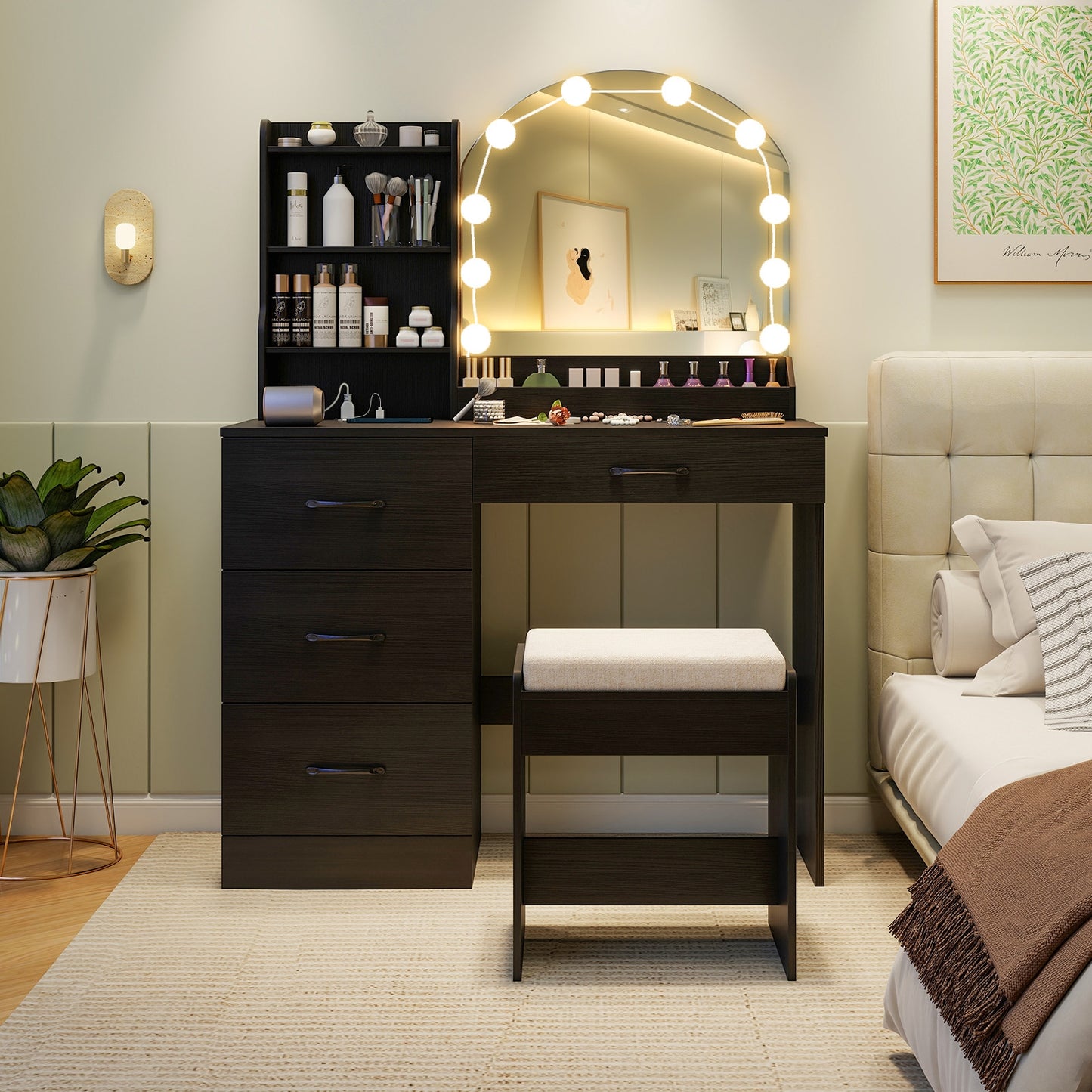 Makeup Vanity Desk With Mirror, Lights, Stool, Black Makeup Vanities at Gallery Canada