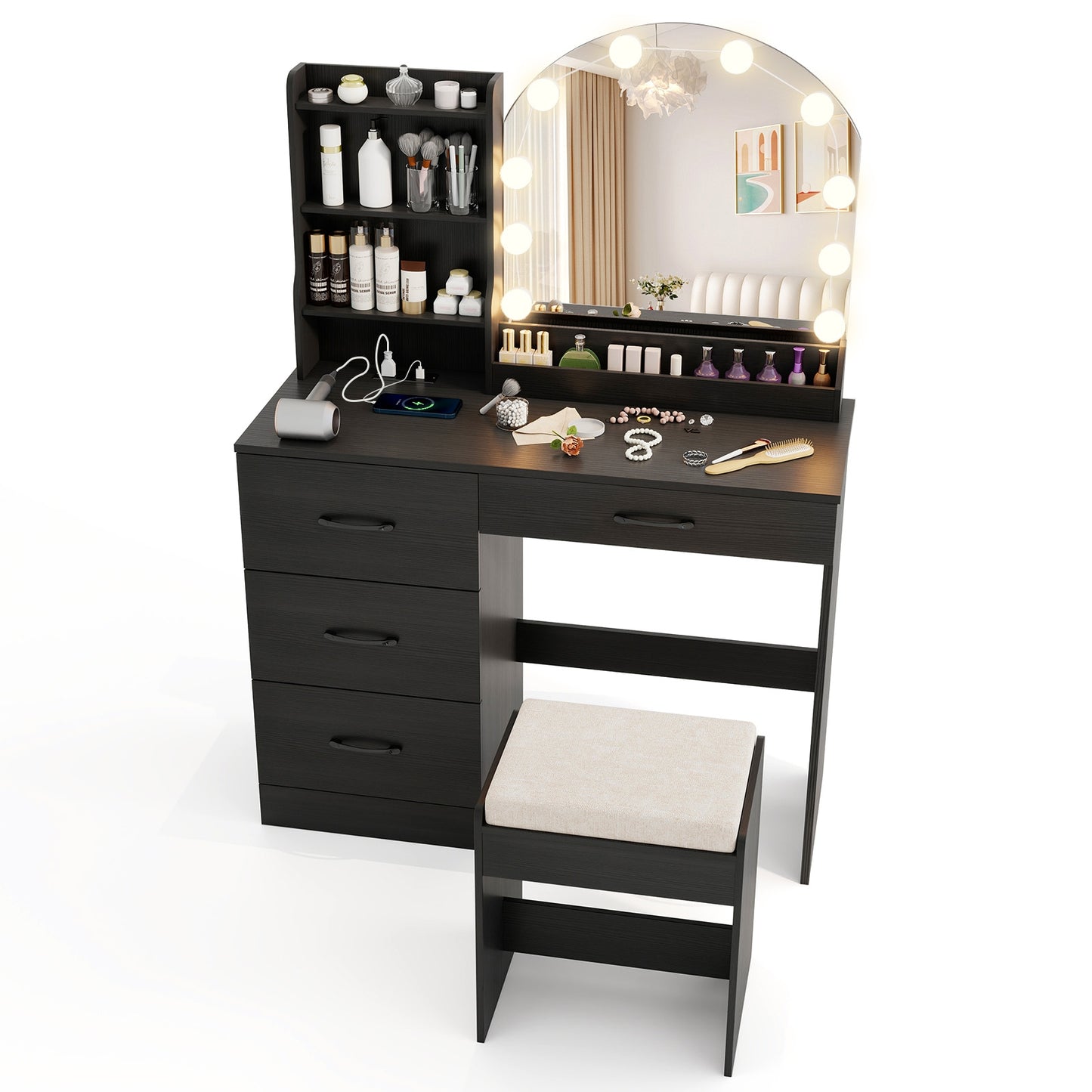 Makeup Vanity Desk Dressing Table and Stool Set with Mirror and Lights, Black Makeup Vanities Black at Gallery Canada