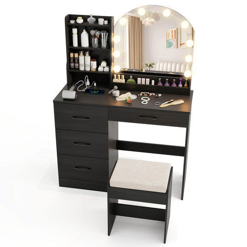 Makeup Vanity Desk Dressing Table and Stool Set with Mirror and Lights, Black