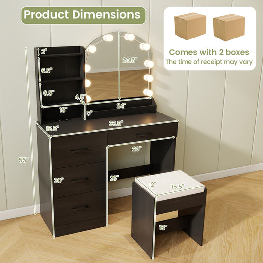 Makeup Vanity Desk Dressing Table and Stool Set with Mirror and Lights, Black Makeup Vanities Black at Gallery Canada