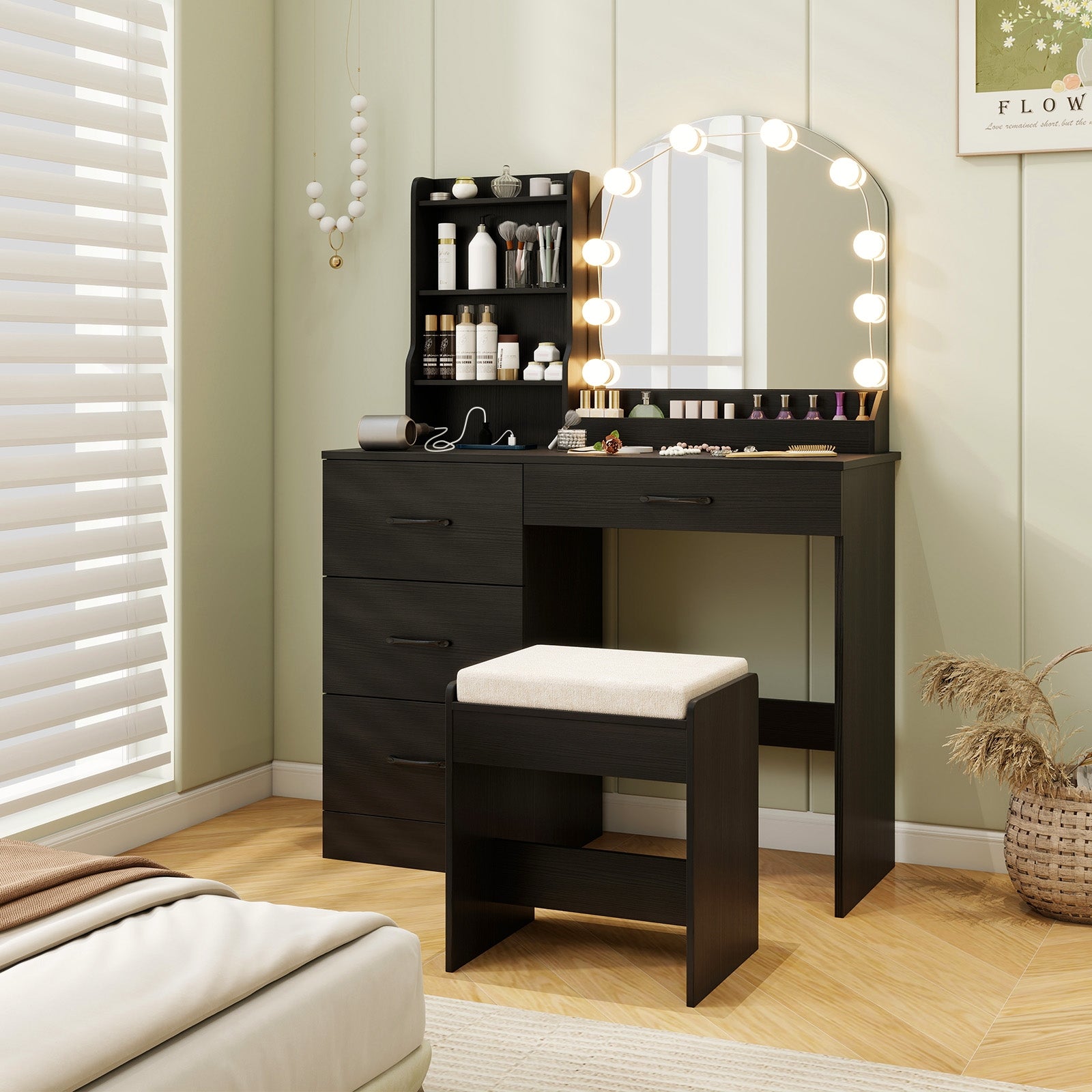 Makeup Vanity Desk Dressing Table and Stool Set with Mirror and Lights, Black Makeup Vanities at Gallery Canada
