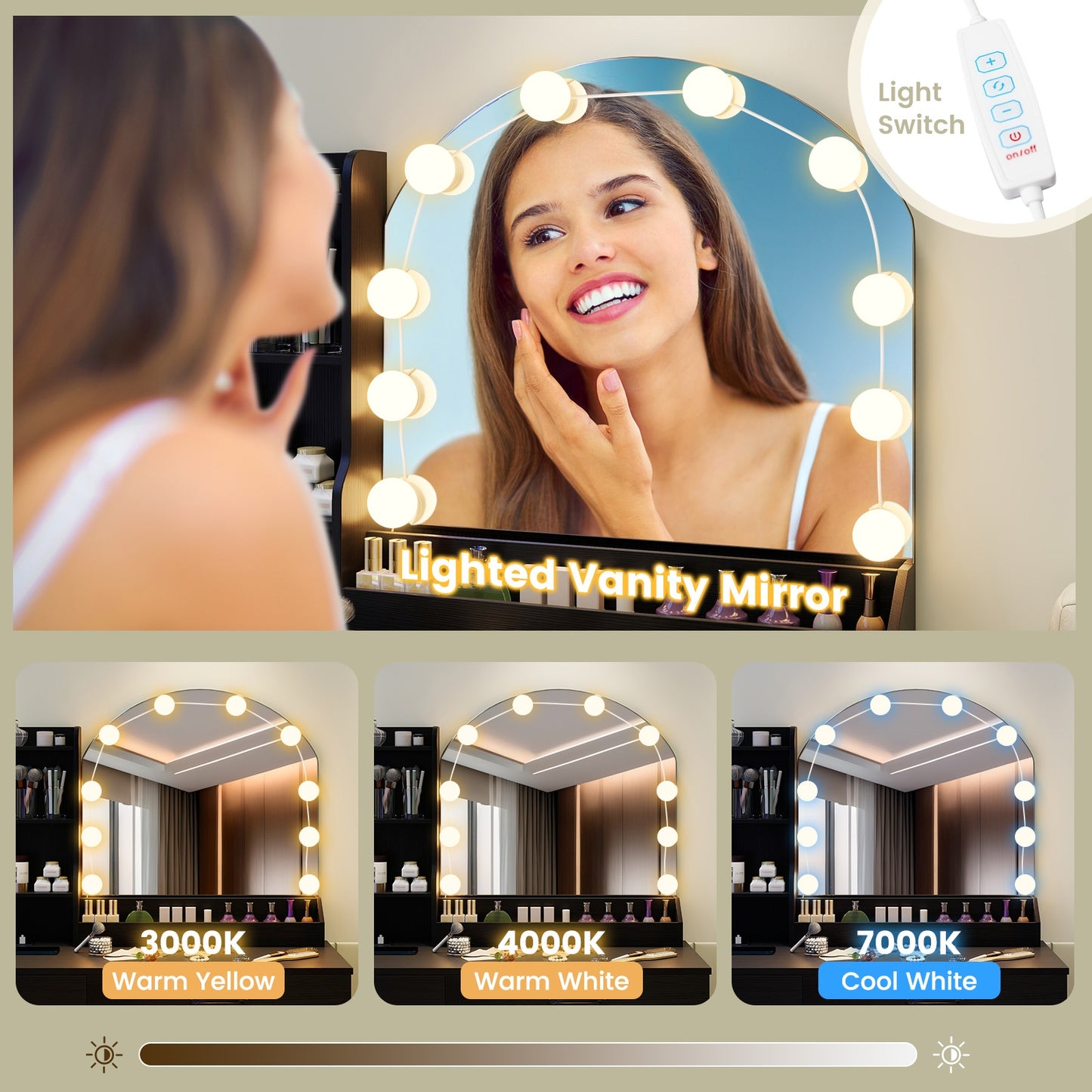 Makeup Vanity Desk With Mirror, Lights, Stool, Black Makeup Vanities at Gallery Canada