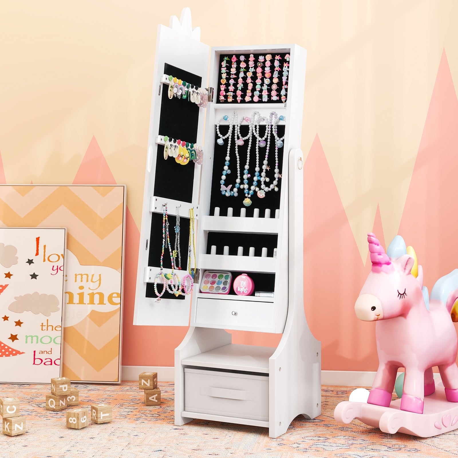 Kids Jewelry Cabinet with Full-Length Mirror for Kids Bedroom and Playroom, White Kids Vanities at Gallery Canada