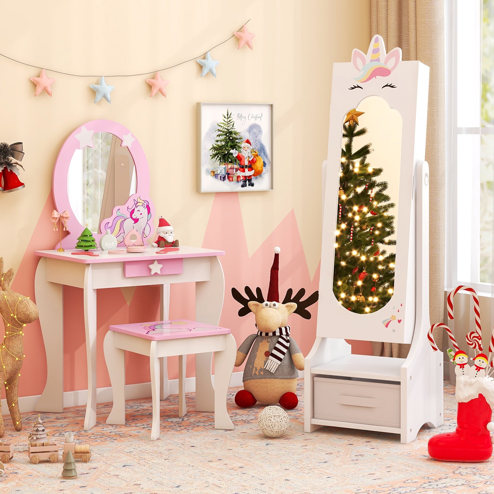 Kids Jewelry Cabinet with Full-Length Mirror for Kids Bedroom and Playroom, White Kids Vanities at Gallery Canada