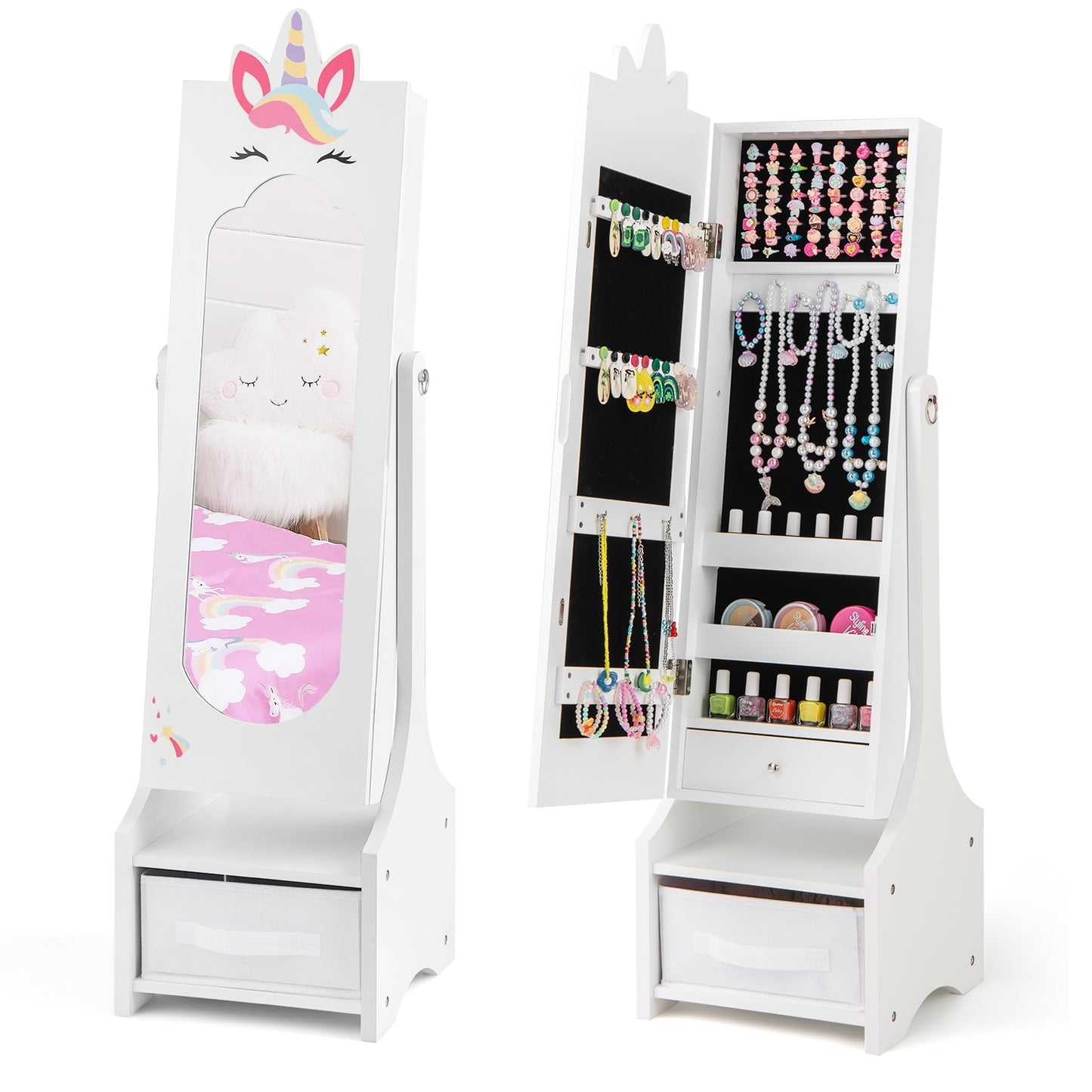 Armoire à Bijoux pour Enfants avec Miroir Pleine Longueur, Blanc
