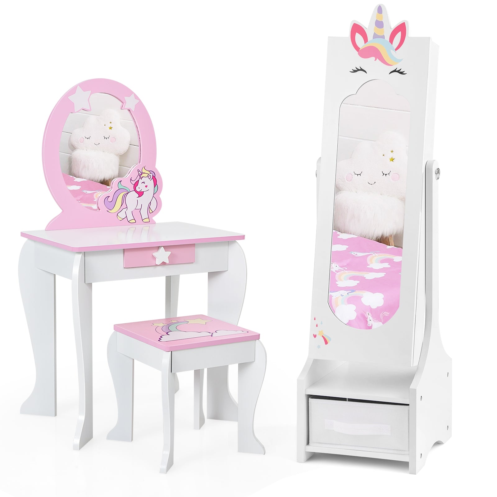 Kids Jewelry Cabinet with Full-Length Mirror for Kids Bedroom and Playroom, White Kids Vanities at Gallery Canada