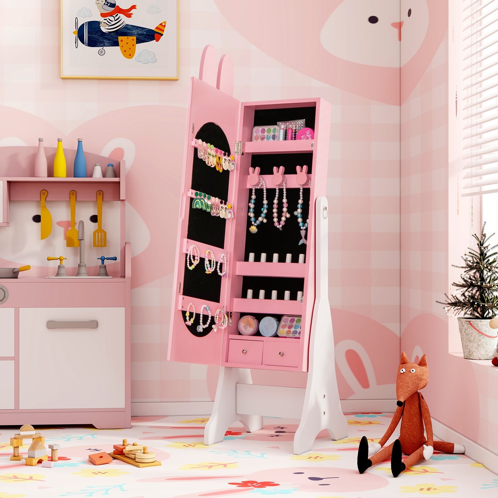Kids Jewelry Armoire Cabinet with 2 Tilt Angles and Large Capacity, Pink Kids Vanities at Gallery Canada
