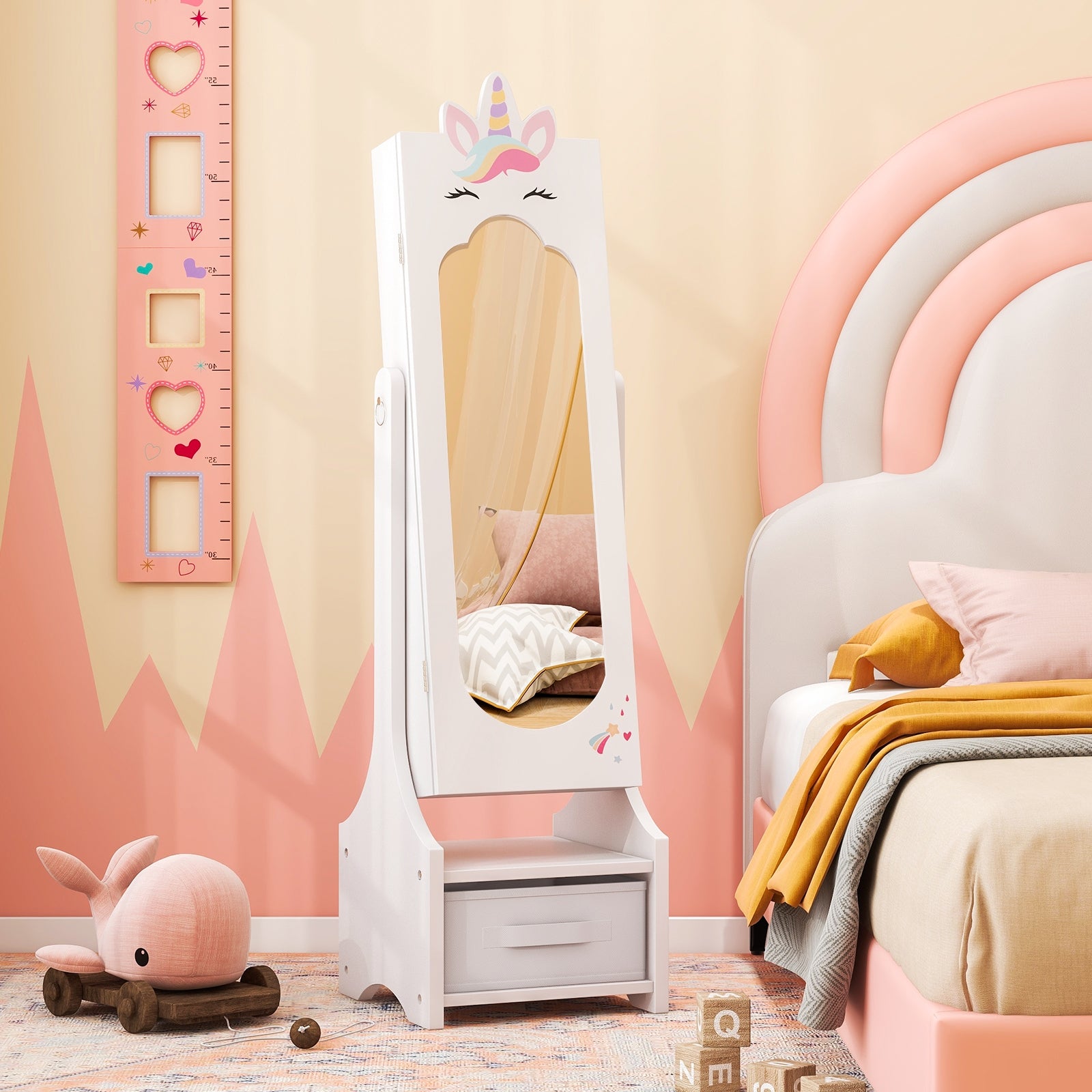 Kids Jewelry Cabinet with Full-Length Mirror for Kids Bedroom and Playroom, White Kids Vanities at Gallery Canada