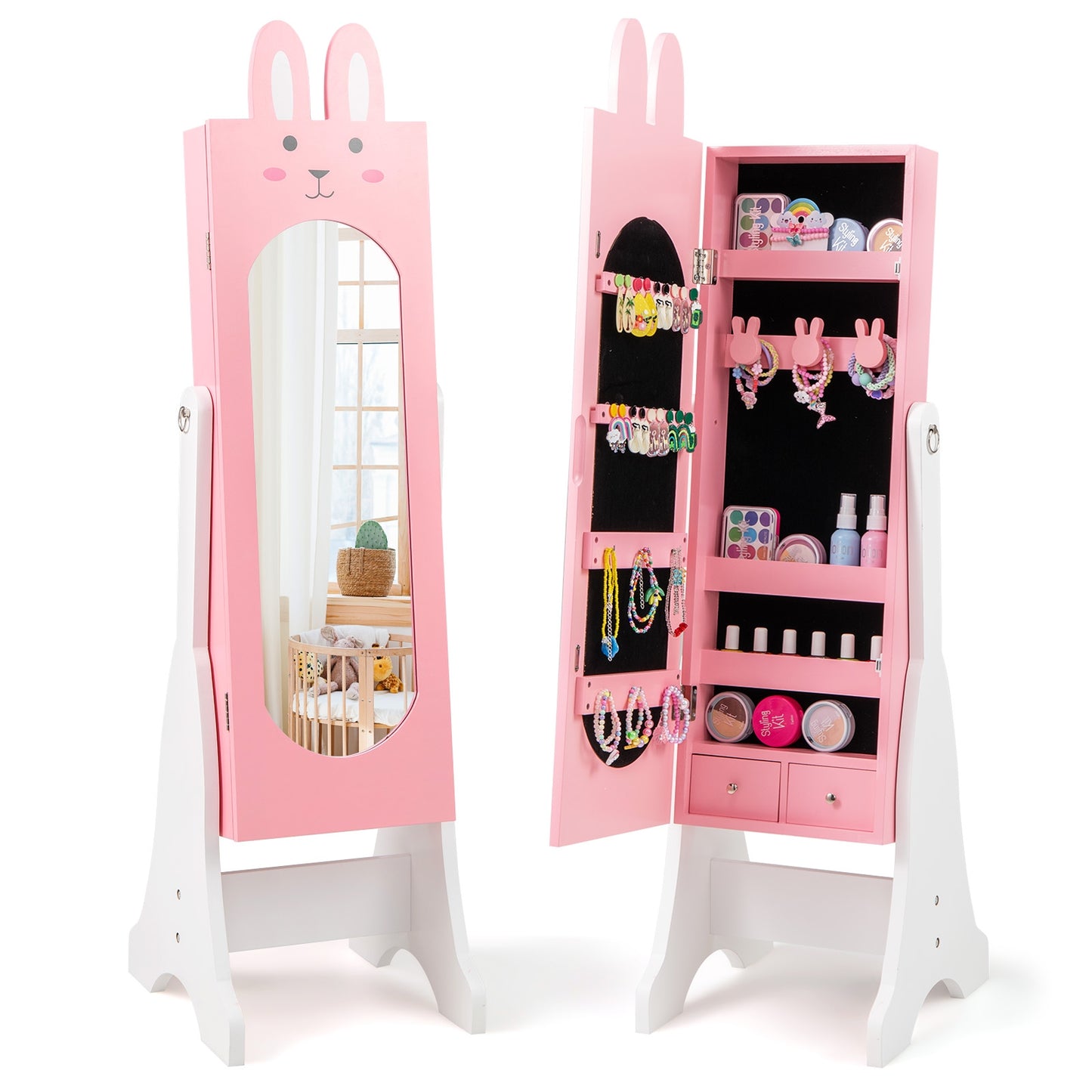 Kids Jewelry Armoire Cabinet with 2 Tilt Angles and Large Capacity, Pink Kids Vanities Pink at Gallery Canada