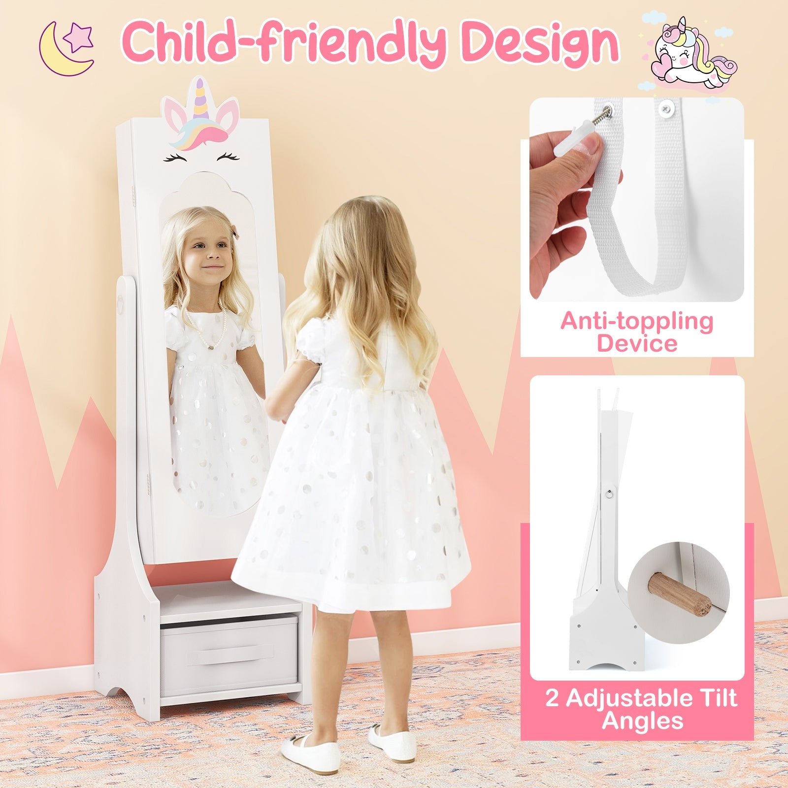 Kids Jewelry Cabinet with Full-Length Mirror for Kids Bedroom and Playroom, White Kids Vanities at Gallery Canada