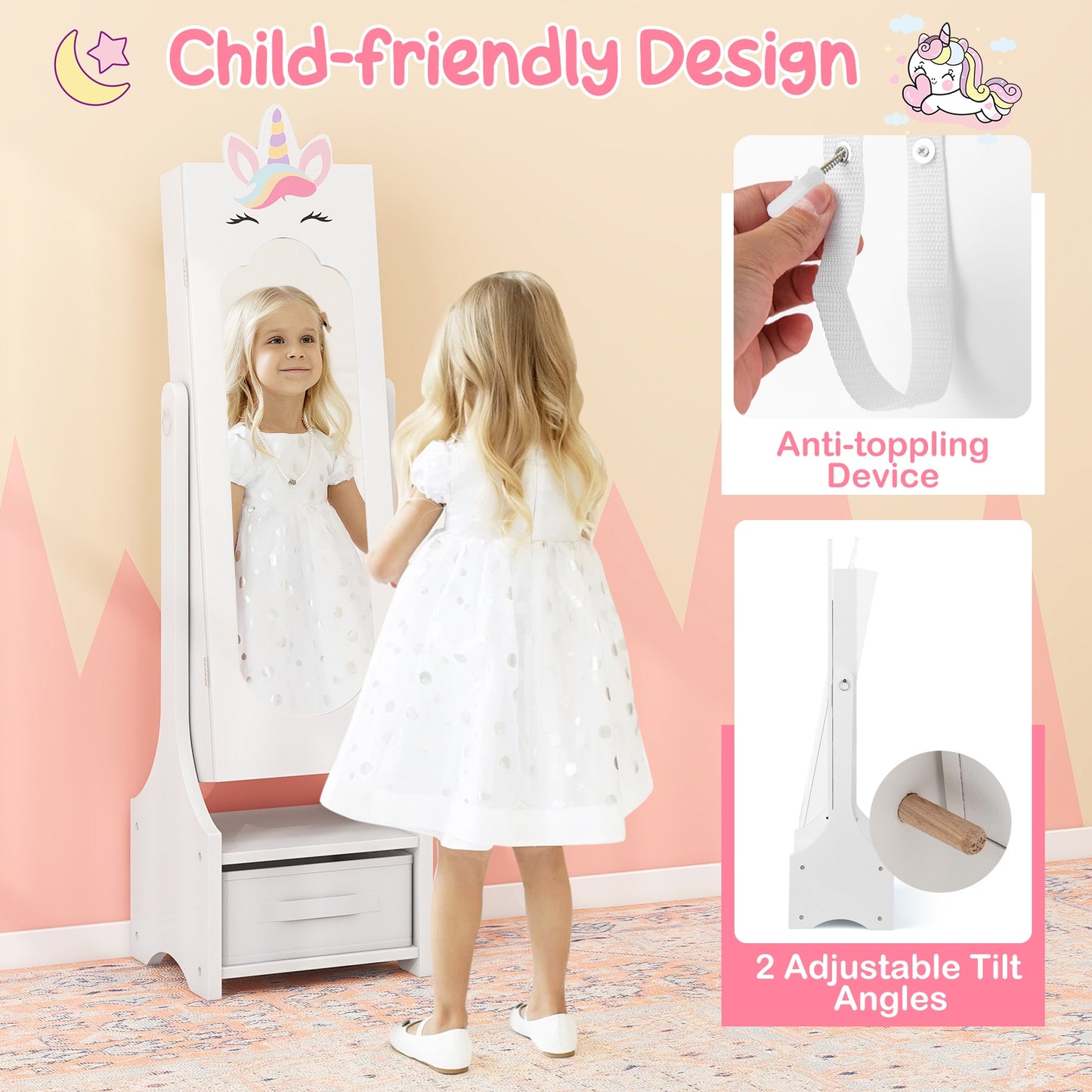 Kids Jewelry Cabinet with Full-Length Mirror for Kids Bedroom and Playroom, White Kids Vanities at Gallery Canada