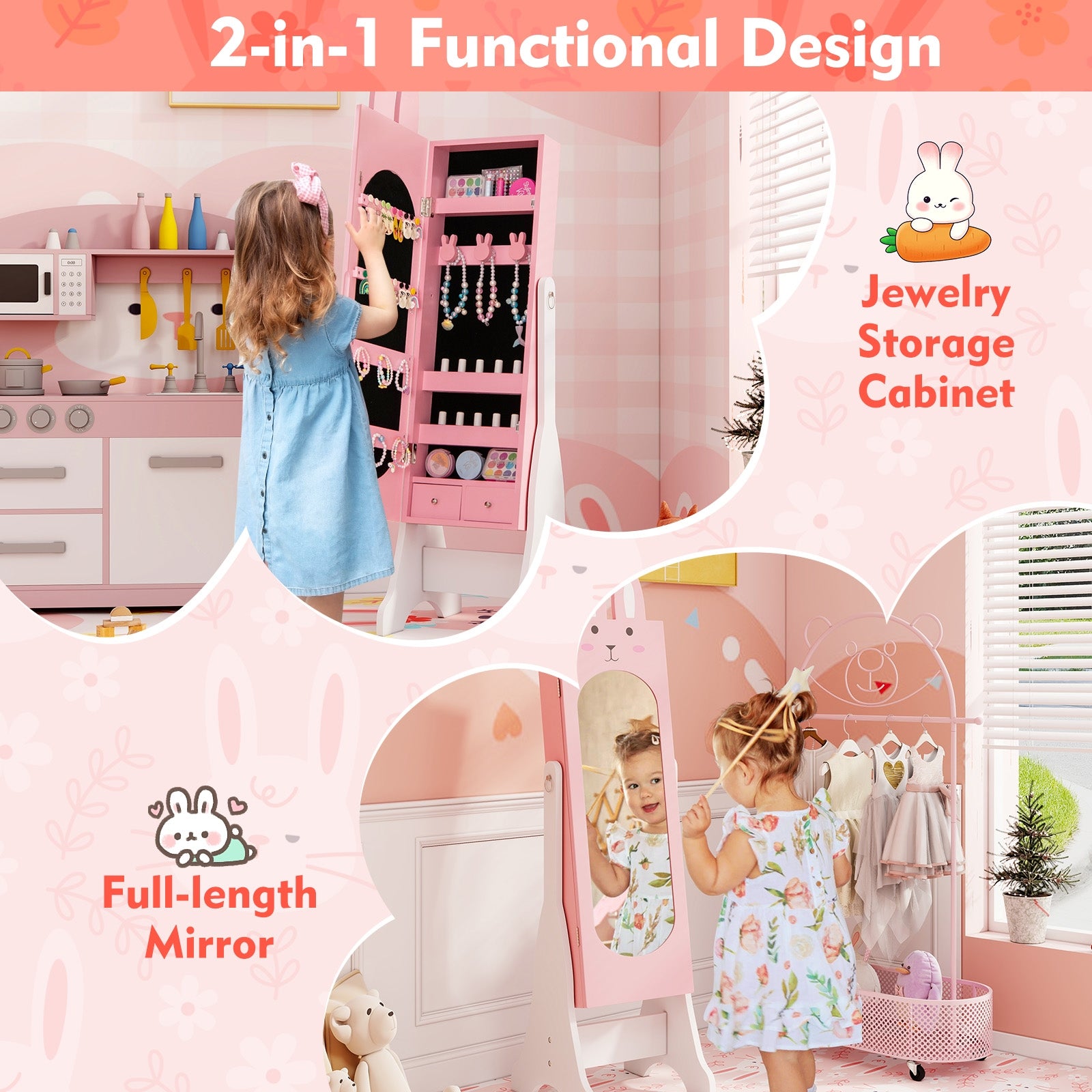 Kids Jewelry Armoire Cabinet with 2 Tilt Angles and Large Capacity, Pink Kids Vanities at Gallery Canada